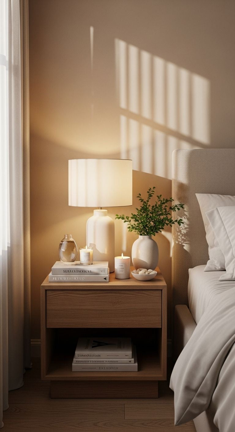 Modern wooden nightstand with bedside lamp, candles, and minimalist bedroom decor