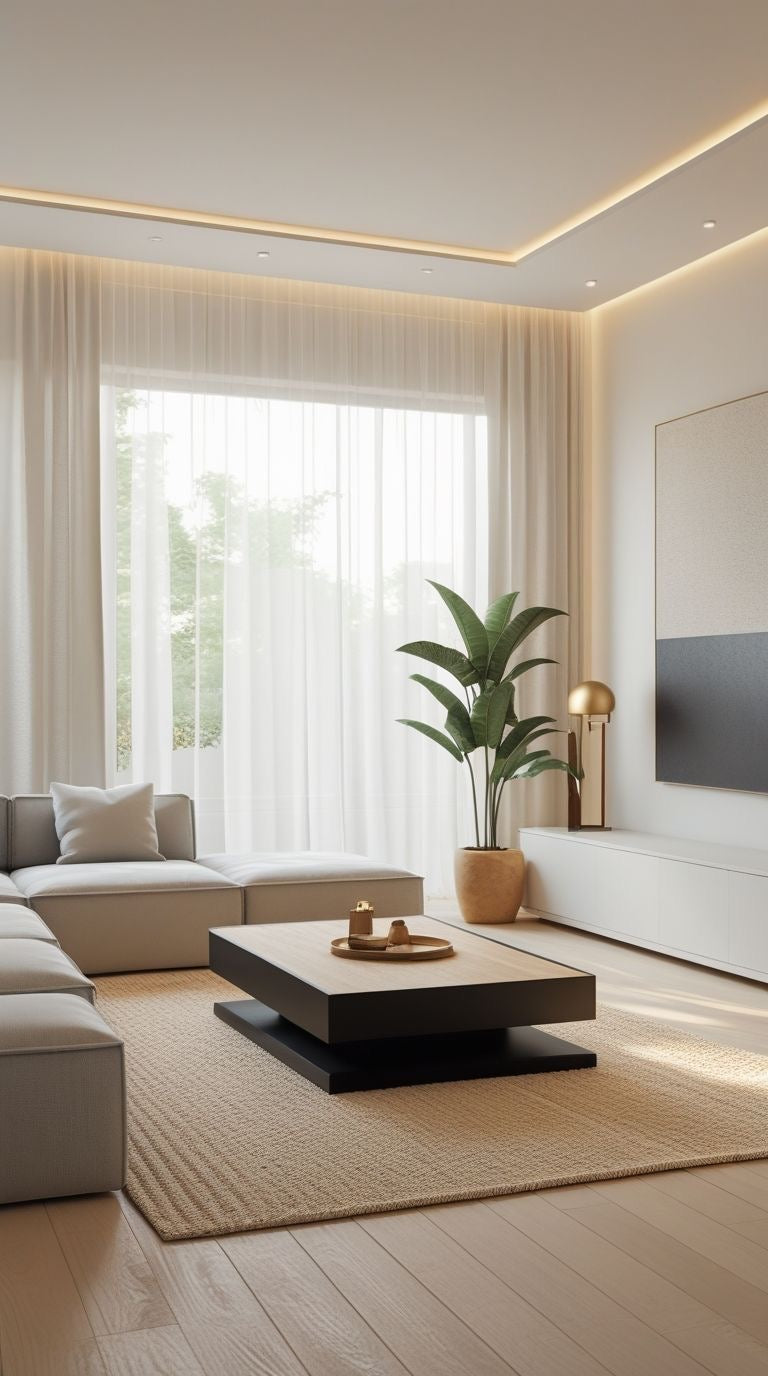 Modern minimalist living room with neutral sofa, low wood coffee table, and large window with sheer curtains