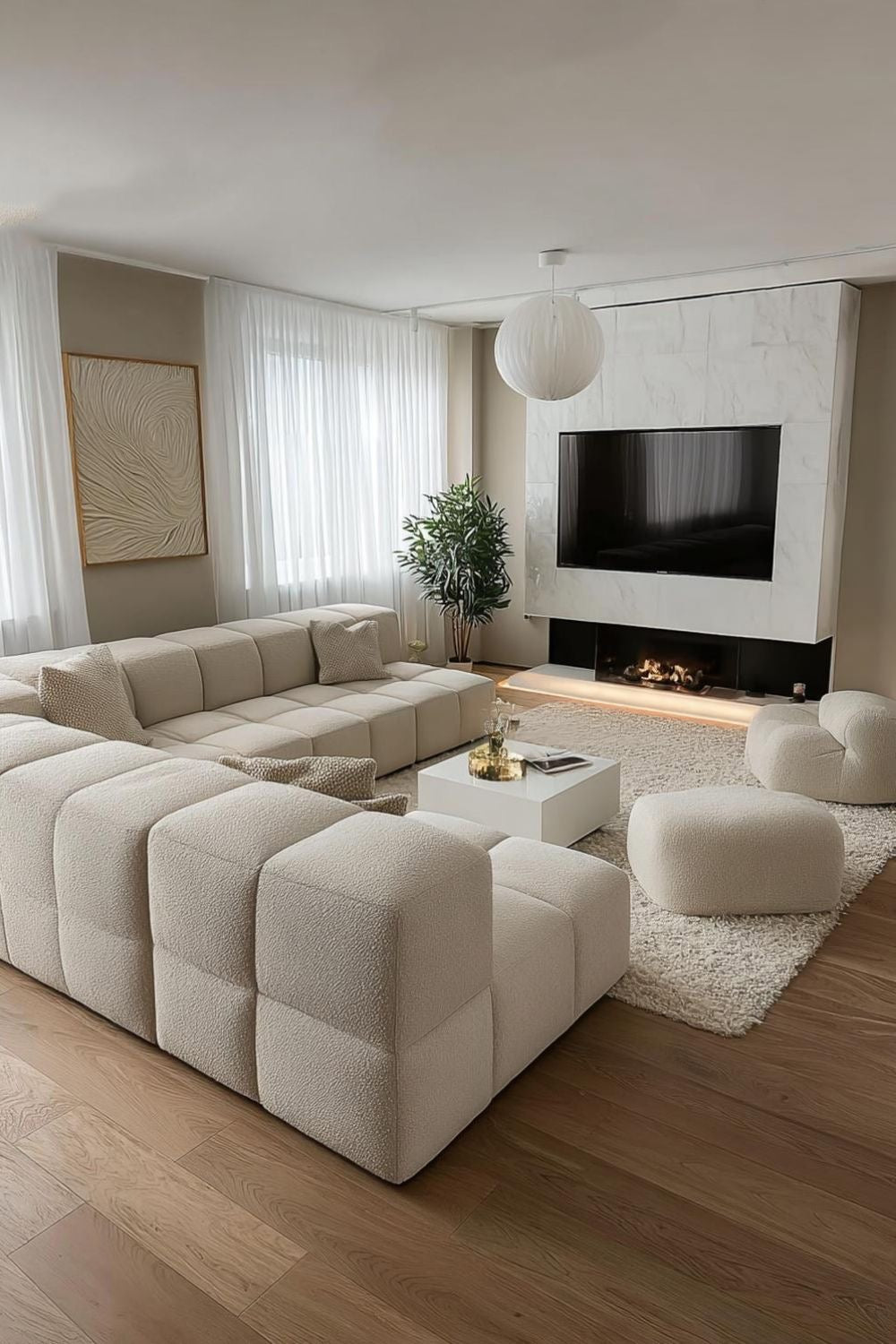 Modern living room design with modular sectional sofa, fireplace feature wall, and neutral tones