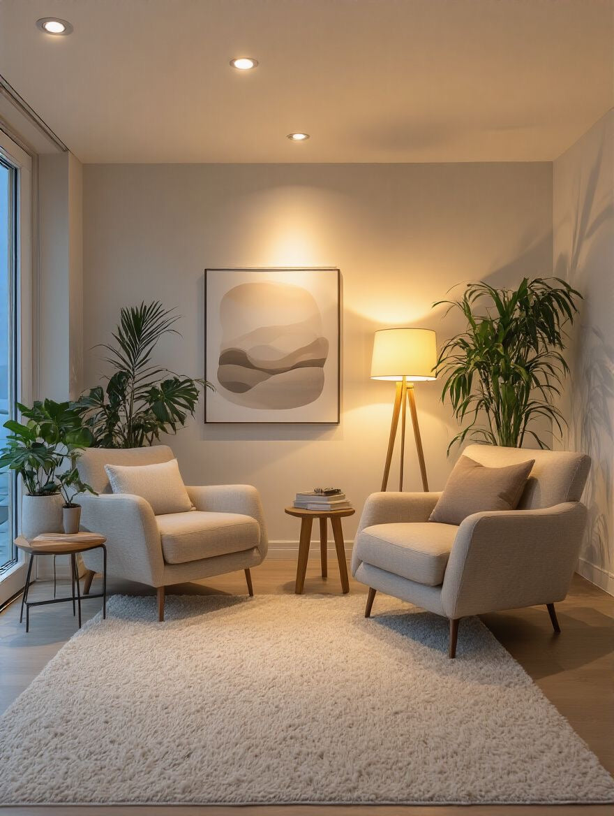 Cozy modern seating area featuring two neutral armchairs, a floor lamp, indoor plants, and soft ambient lighting