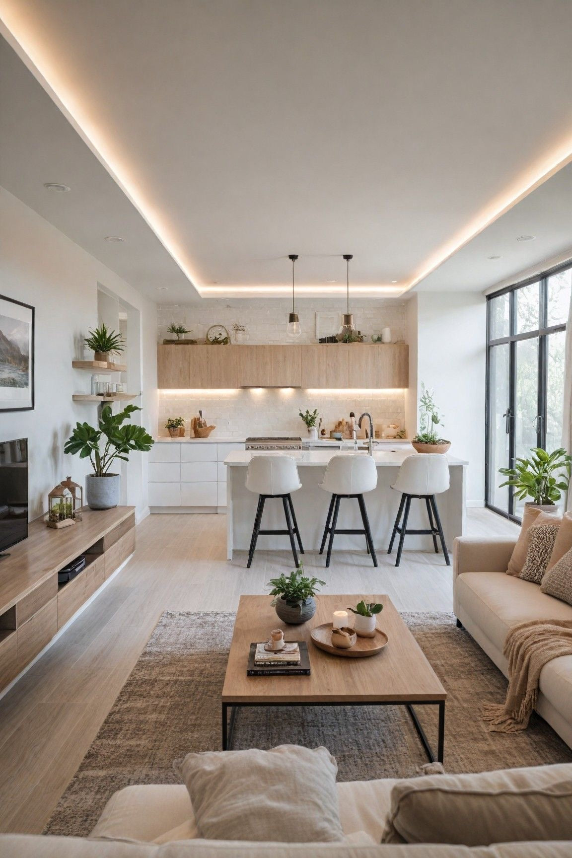 Open-concept modern living space featuring a minimalist kitchen with island stools, neutral living room furniture, and natural light