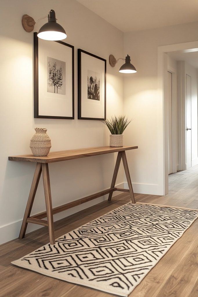 Minimalist hallway featuring a wooden console table, wall-mounted lights, framed artwork, and geometric runner rug