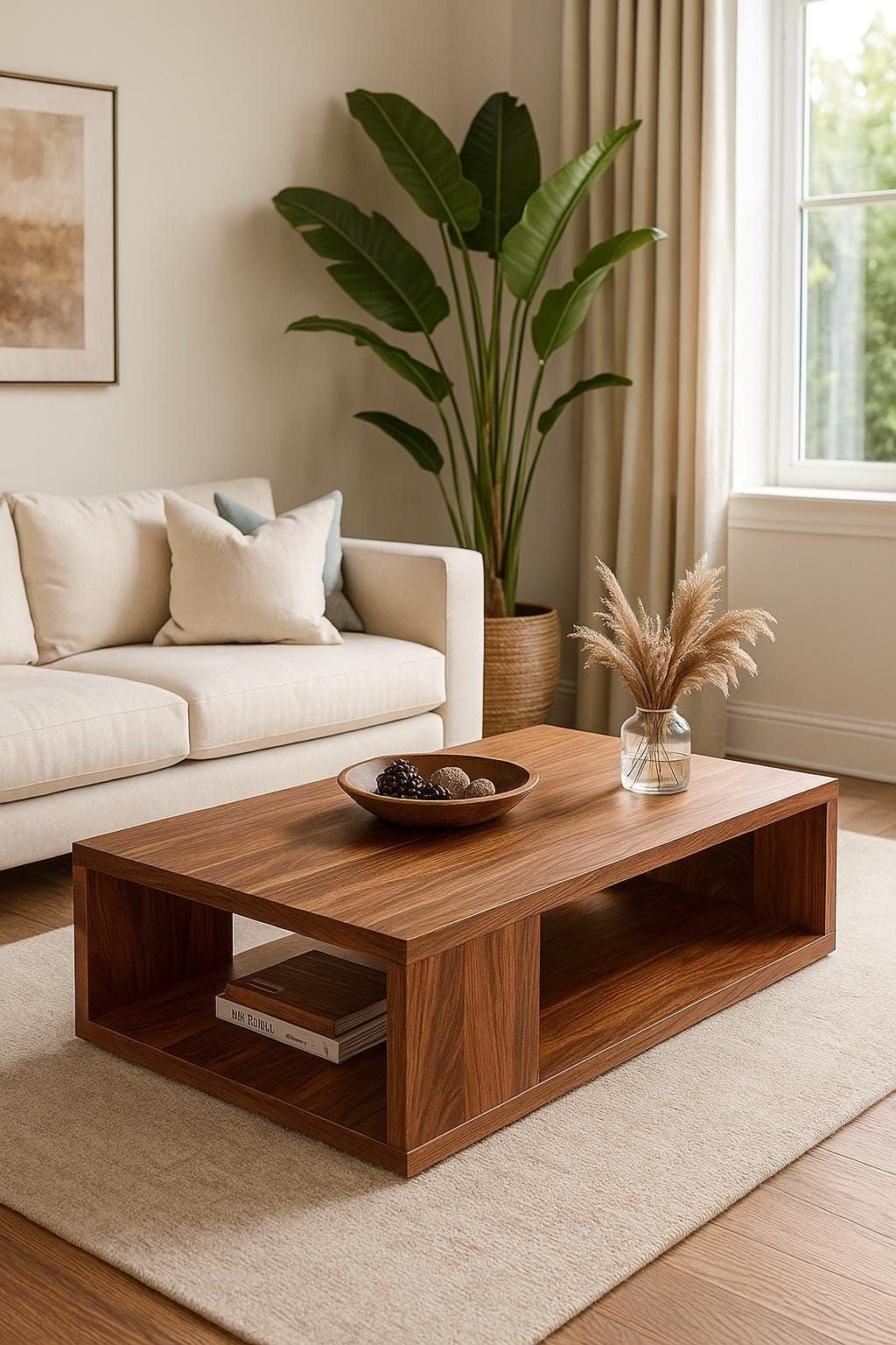 Minimalist living room featuring a solid wood coffee table with open shelving, neutral sofa, and indoor plant