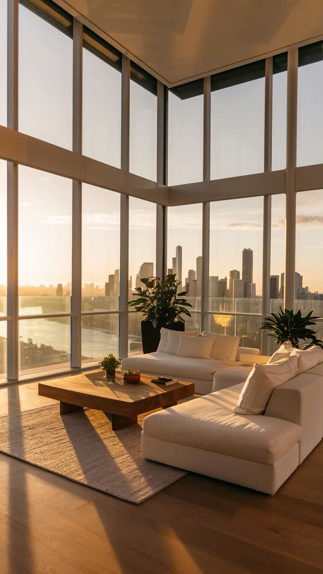 Bright modern living room featuring white sectional seating, wood coffee table, indoor plants, and panoramic city skyline views