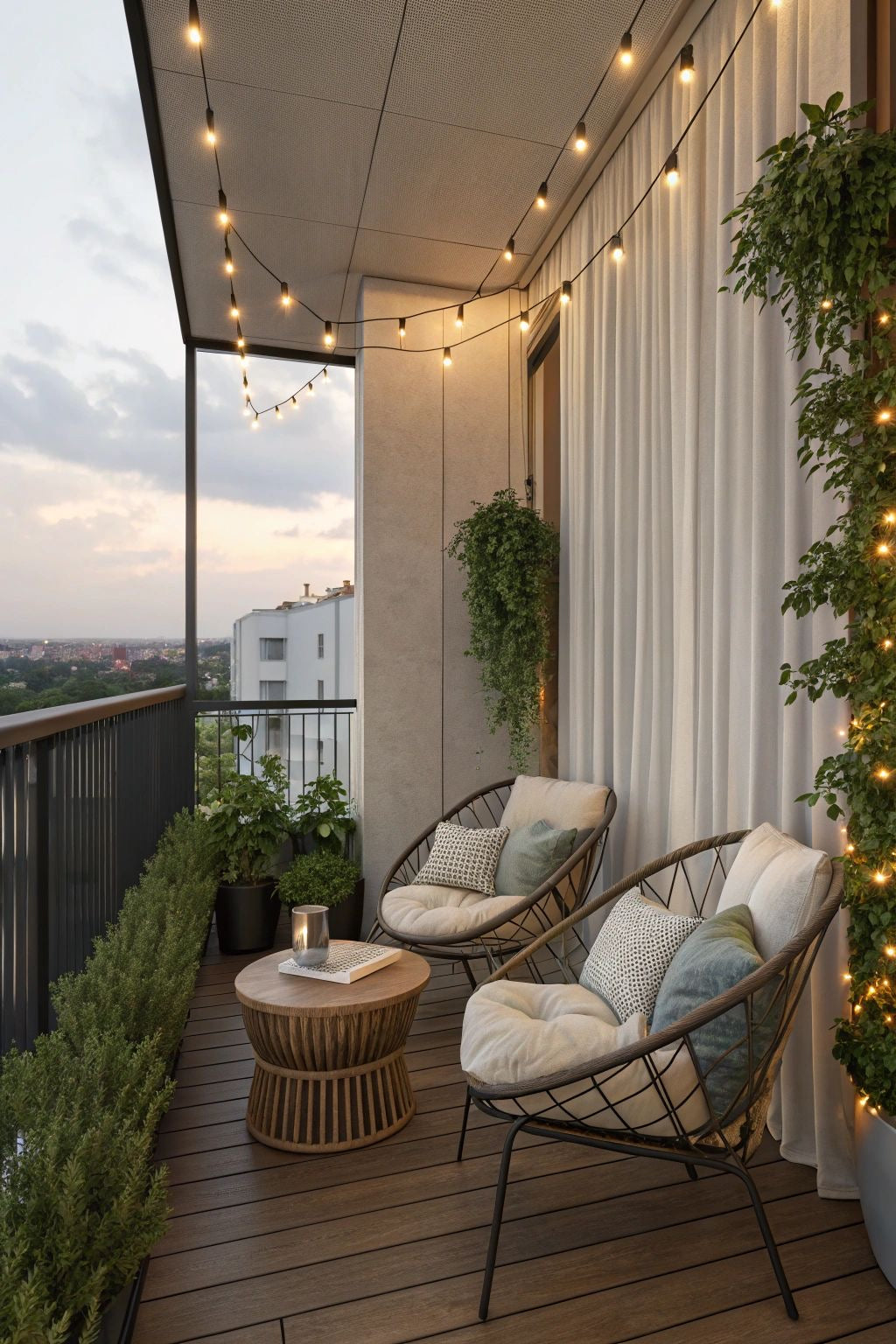 Cozy outdoor balcony featuring cushioned lounge chairs, small table, string lights, and greenery at sunset