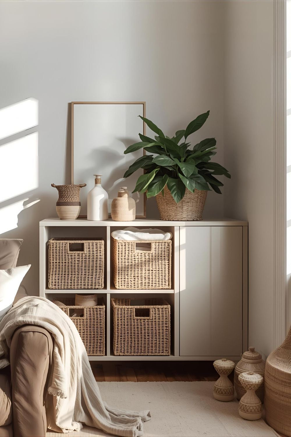 Minimalist living room storage cabinet with woven wicker baskets, neutral decor, indoor plant, and soft natural sunlight creating a calm modern home aesthetic.