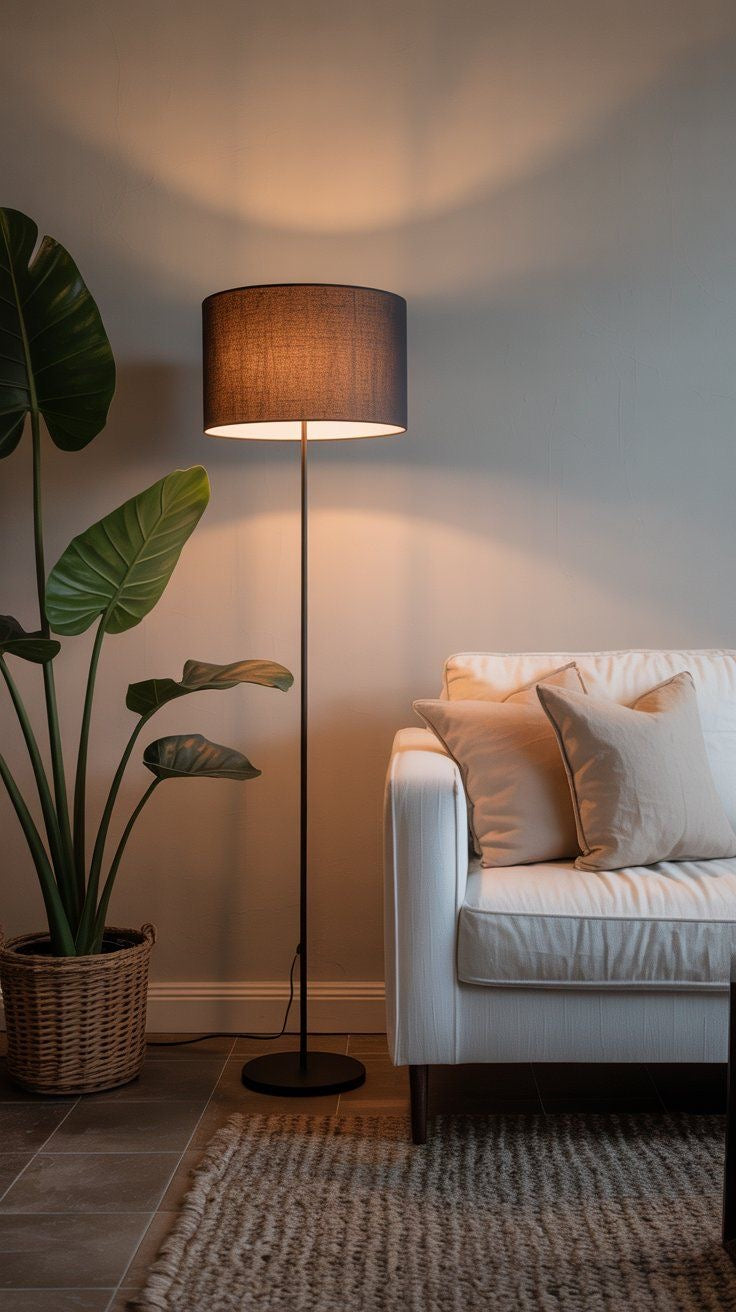 Warm-lit floor lamp with fabric shade next to a neutral sofa and indoor plant in a minimalist living room