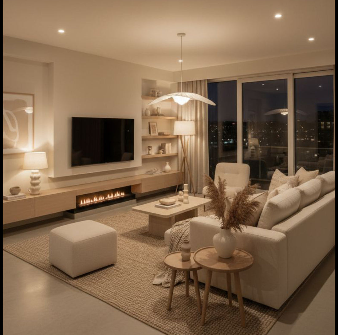 Modern neutral living room with beige sectional sofa, textured area rug, wooden coffee table, wall-mounted TV, built-in shelving, and warm ambient lighting overlooking city skyline at night