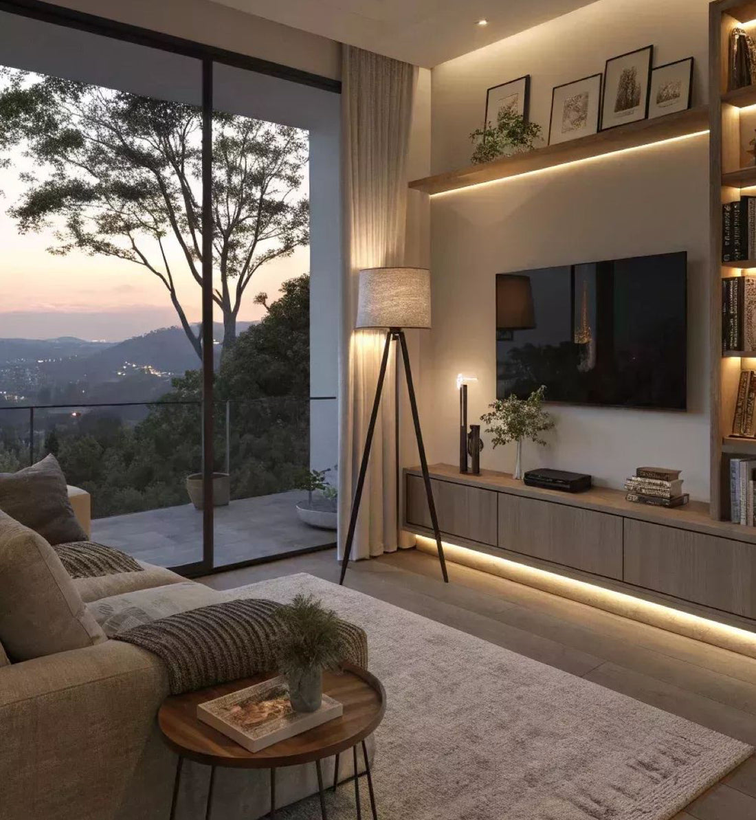 Modern living room with neutral furniture, cozy sofa seating, coffee table, area rug, and home decor accents in a bright apartment space  This file name targets living room 