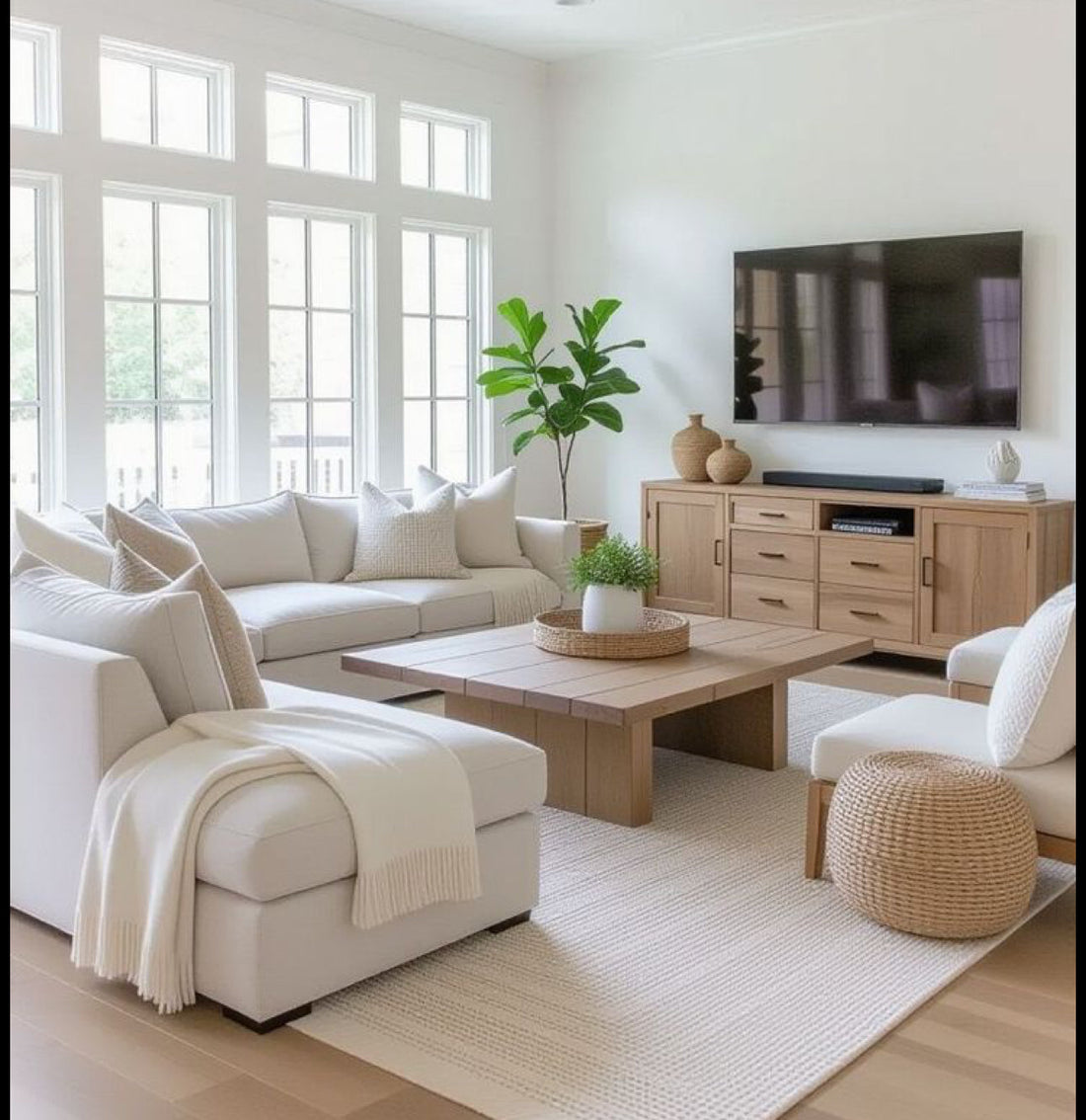 Bright modern living room with neutral sectional sofa, wood coffee table, woven accents, indoor plants, and minimalist décor.
