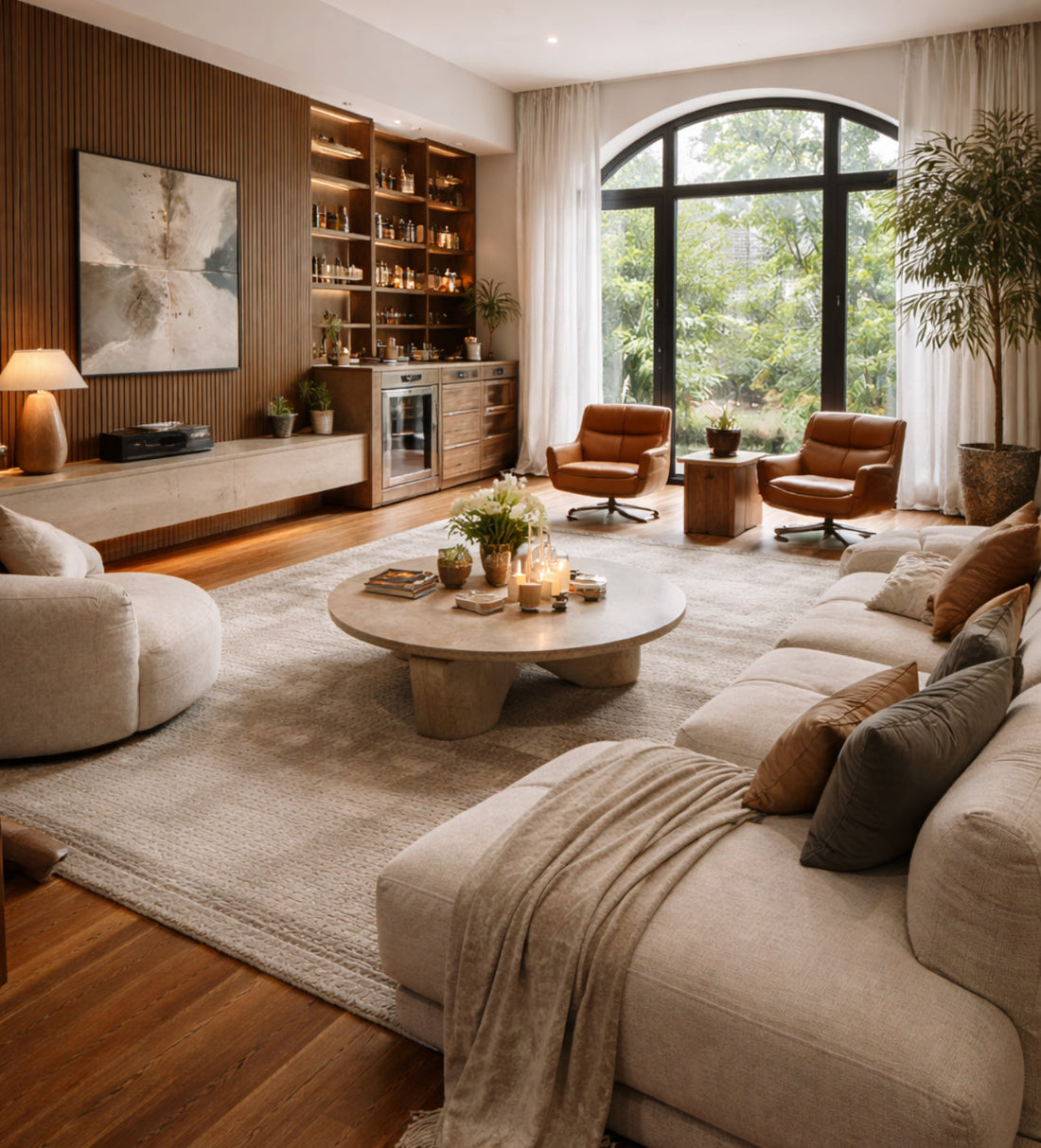 Rental apartment living room styled with comfortable furniture, layered decor, area rug, and warm lighting to create a welcoming home feel