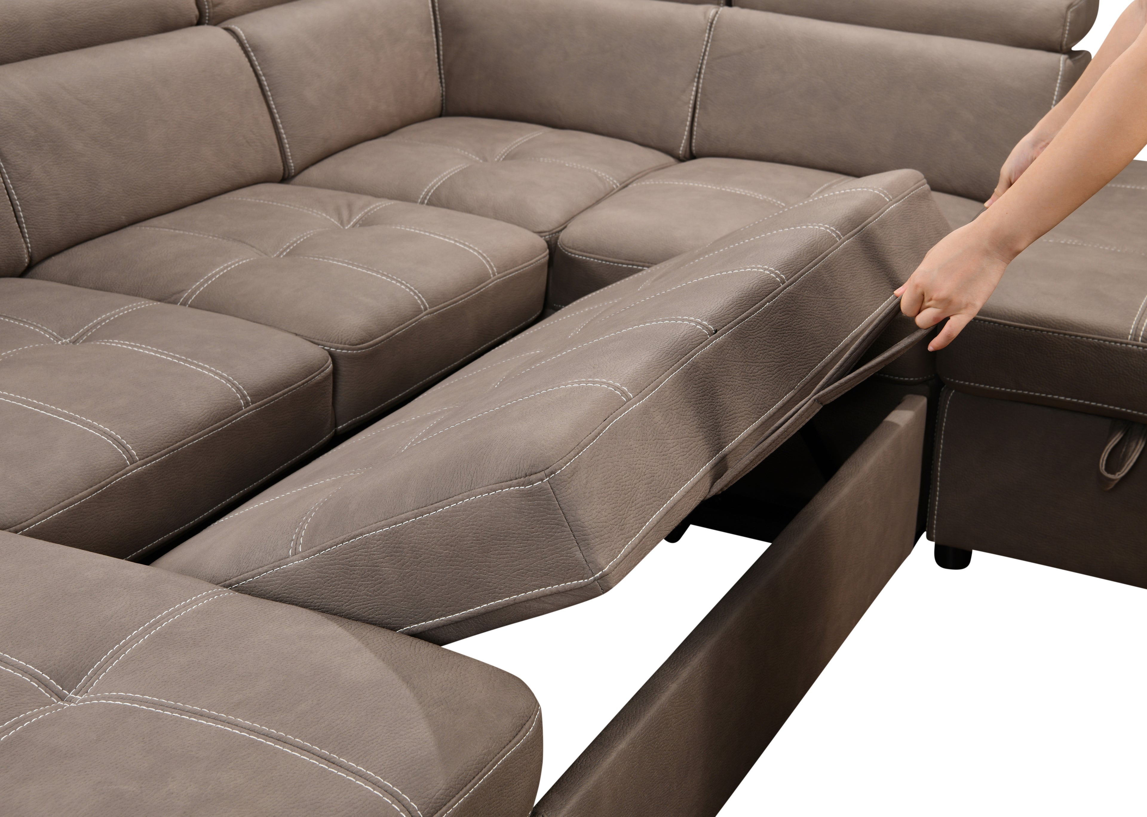 U-Shaped 128" Reversible Sectional Sofa Set with Ottoman, 7-Seater Modular Couch with Storage, Adjustable Headrest, Brown