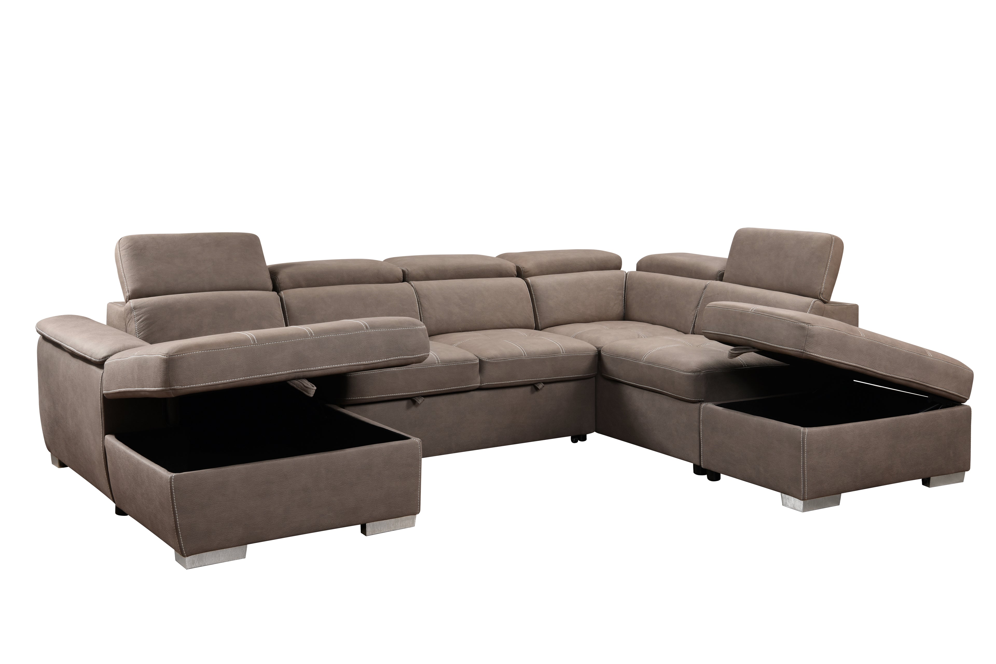 U-Shaped 128" Reversible Sectional Sofa Set with Ottoman, 7-Seater Modular Couch with Storage, Adjustable Headrest, Brown