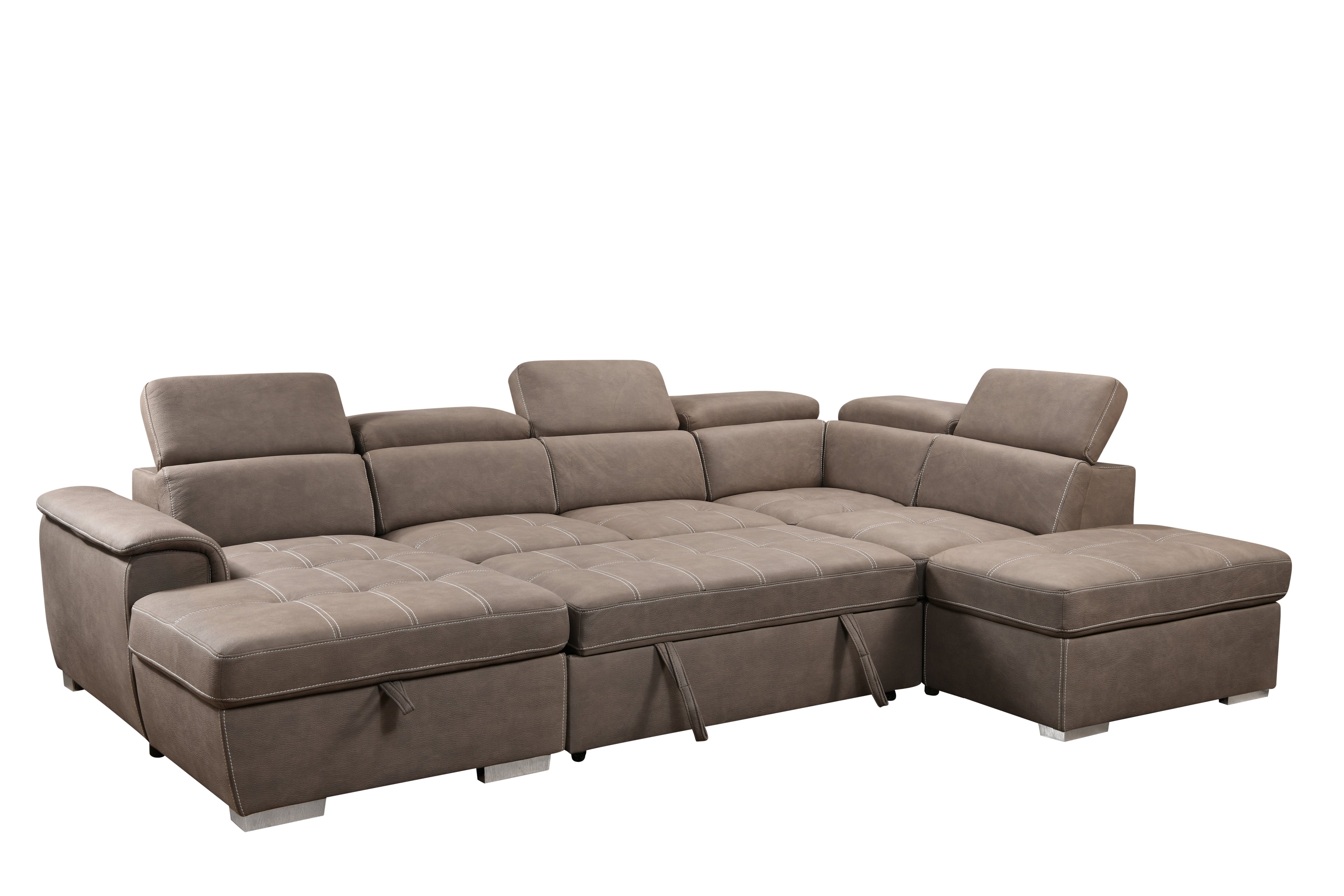 U-Shaped 128" Reversible Sectional Sofa Set with Ottoman, 7-Seater Modular Couch with Storage, Adjustable Headrest, Brown