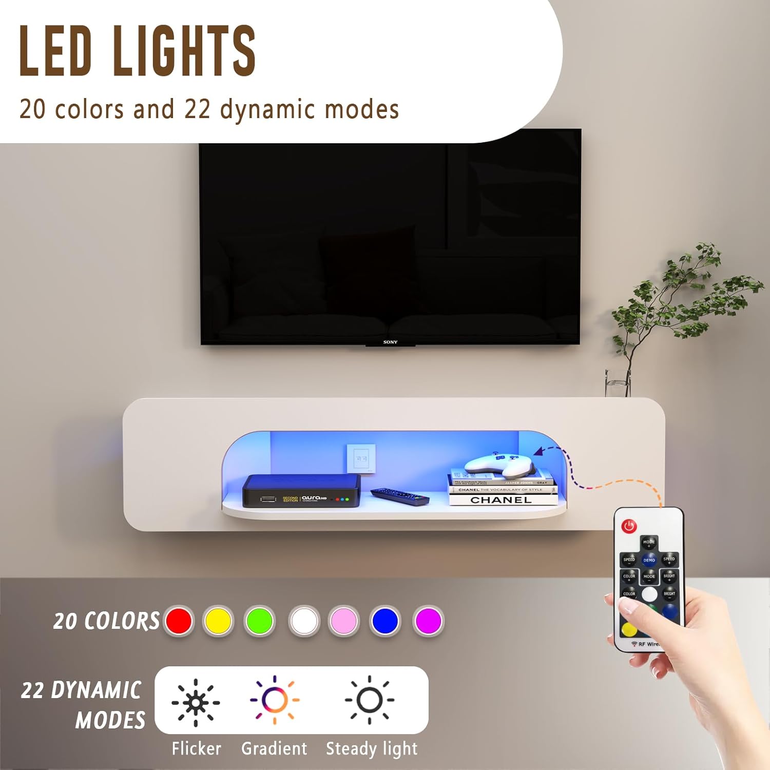 Floating Tv Stand With Led Lights, 58'' Wall Mounted Tv Shelves With 1 Open Shelf, Modern Entertainment Media Console Center