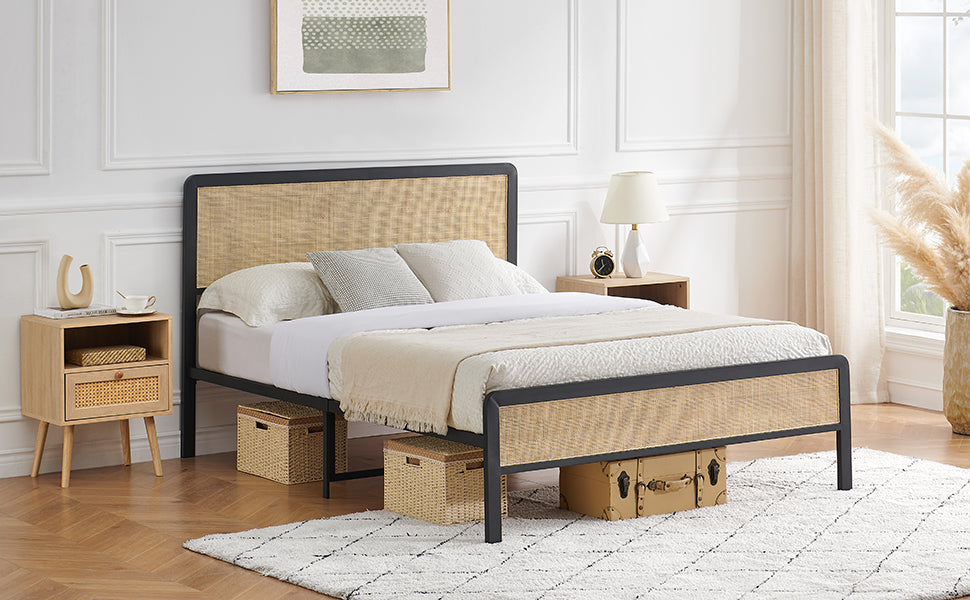 Metal Platform Bed Frame with Rattan Headboard & Footboard – Rounded Corners