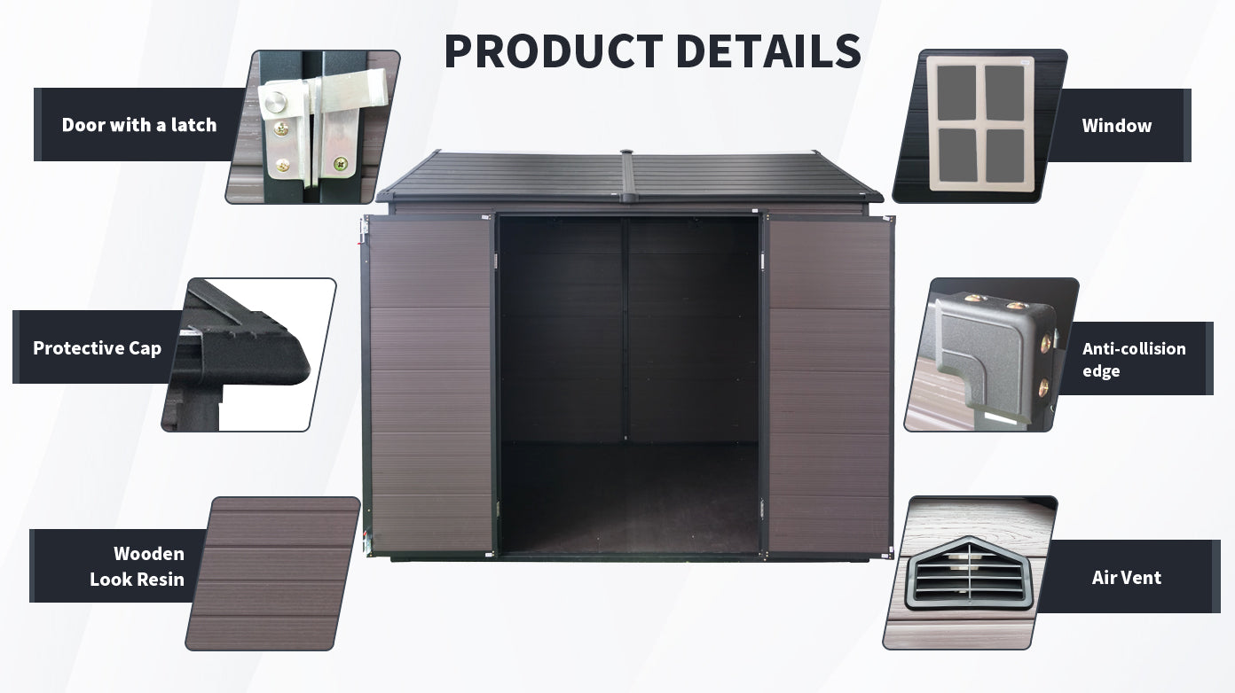 8x6 ft Waterproof Resin Outdoor Storage Shed with Floor, 2 Windows & Lockable Door for Garden, Patio, Backyard Storage Solution