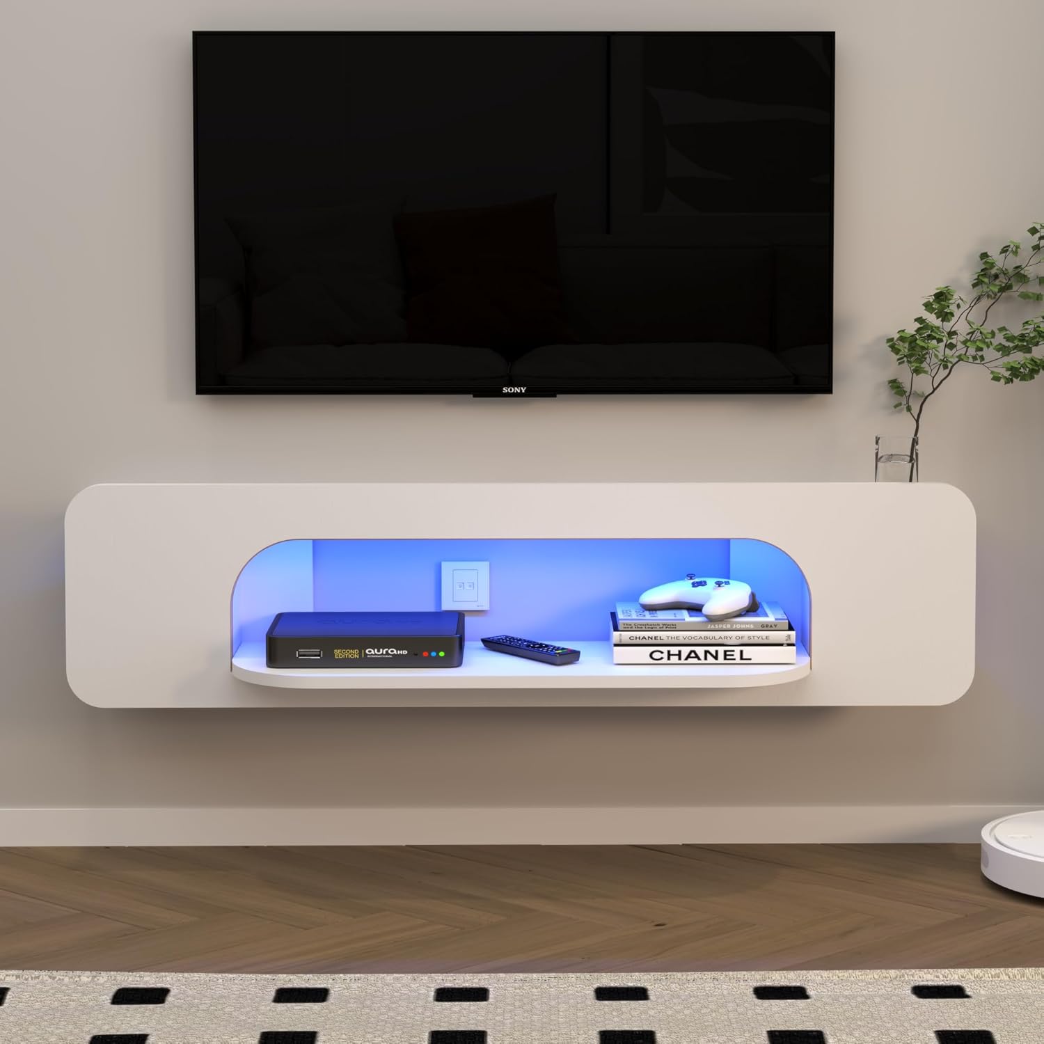 Floating Tv Stand With Led Lights, 58'' Wall Mounted Tv Shelves With 1 Open Shelf, Modern Entertainment Media Console Center