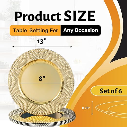13″ Gold Charger Plates – Set of 6 Electroplated Round Chargers with Hammered Edge