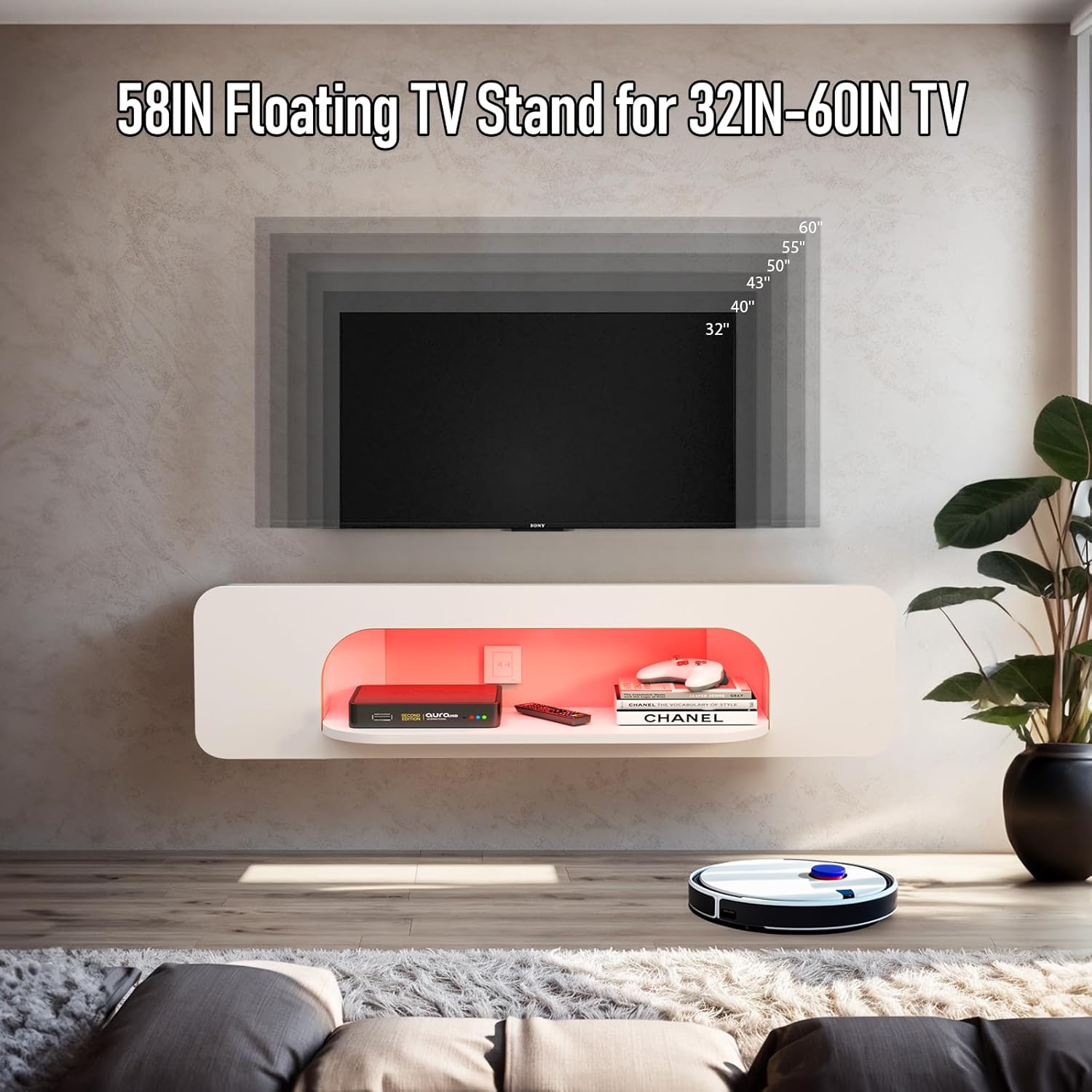 Floating Tv Stand With Led Lights, 58'' Wall Mounted Tv Shelves With 1 Open Shelf, Modern Entertainment Media Console Center