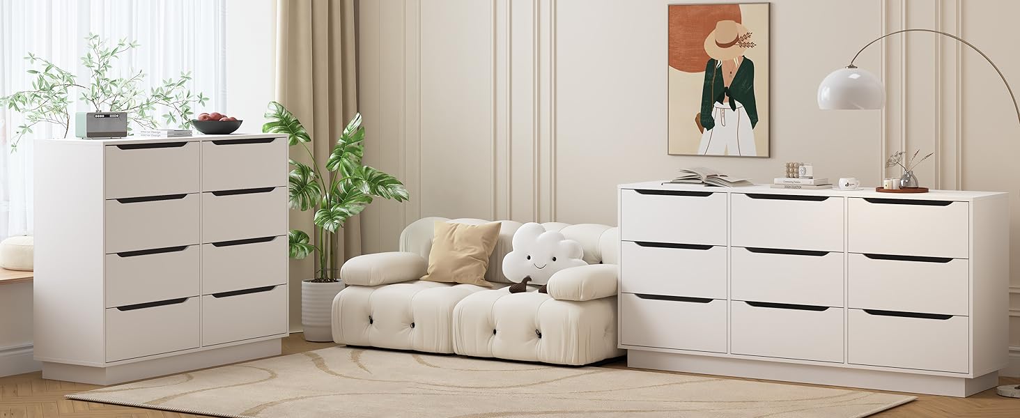 8 Drawers White Dresser for Bedroom, Modern Wood Chest of Drawers 8 Drawer Dresser with Groove Handles, for Living Room, Closet,