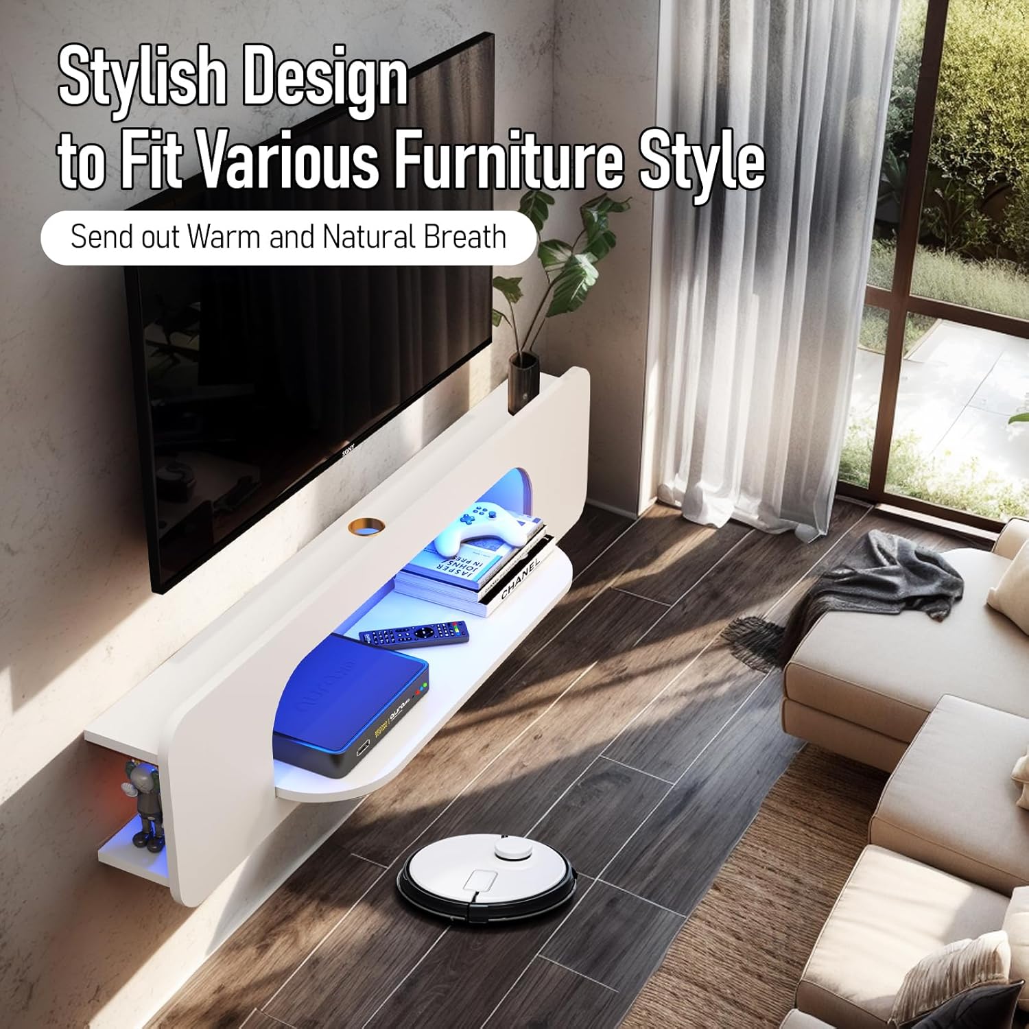 Floating Tv Stand With Led Lights, 58'' Wall Mounted Tv Shelves With 1 Open Shelf, Modern Entertainment Media Console Center