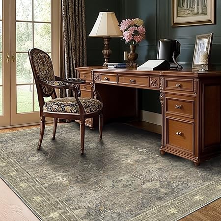 3X5 Washable Rug Persian Floral Small Area Rugs Washable Non-Slip Throw Rug Low Pile,Ultra-Thin Polyester Under Table Carpet