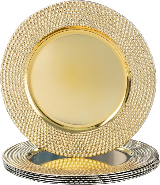 13″ Gold Charger Plates – Set of 6 Electroplated Round Chargers with Hammered Edge