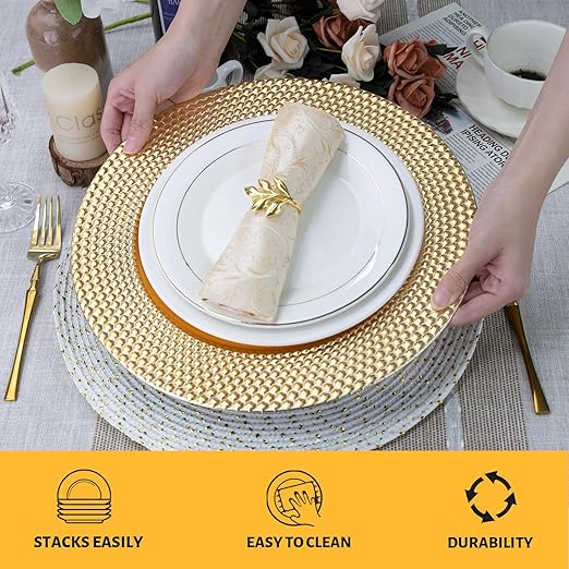 13″ Gold Charger Plates – Set of 6 Electroplated Round Chargers with Hammered Edge