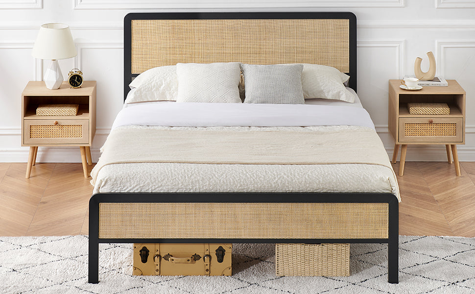 Metal Platform Bed Frame with Rattan Headboard & Footboard – Rounded Corners