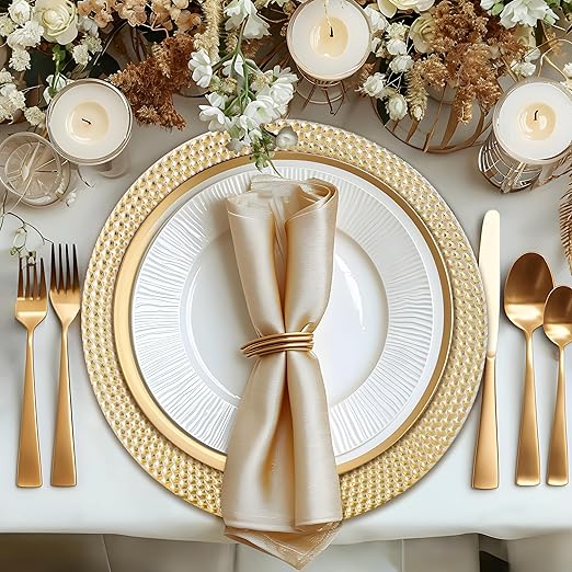 13″ Gold Charger Plates – Set of 6 Electroplated Round Chargers with Hammered Edge