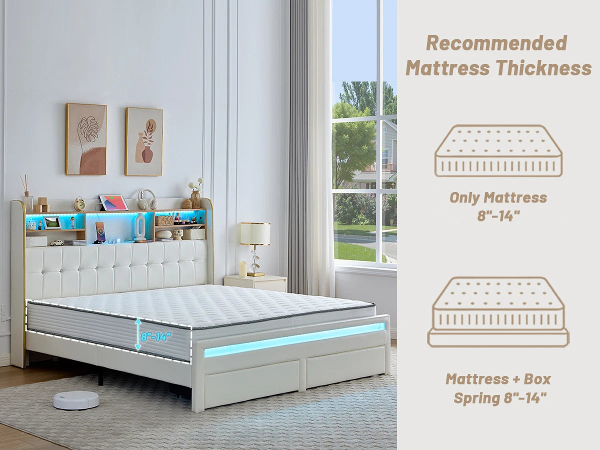 LED Upholstered Platform Bed Frame with Storage Drawers & Bookcase Headboard – Charging Station