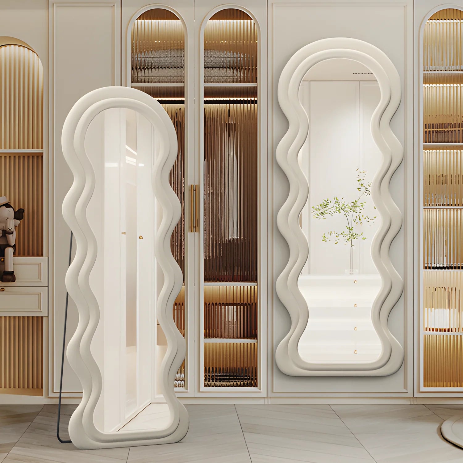 Full Length Mirror, 63" x 24" Floor Mirror, Irregular Wavy Mirror, Full Length Wall Mirror, Standing Flannel Wrapped Wooden