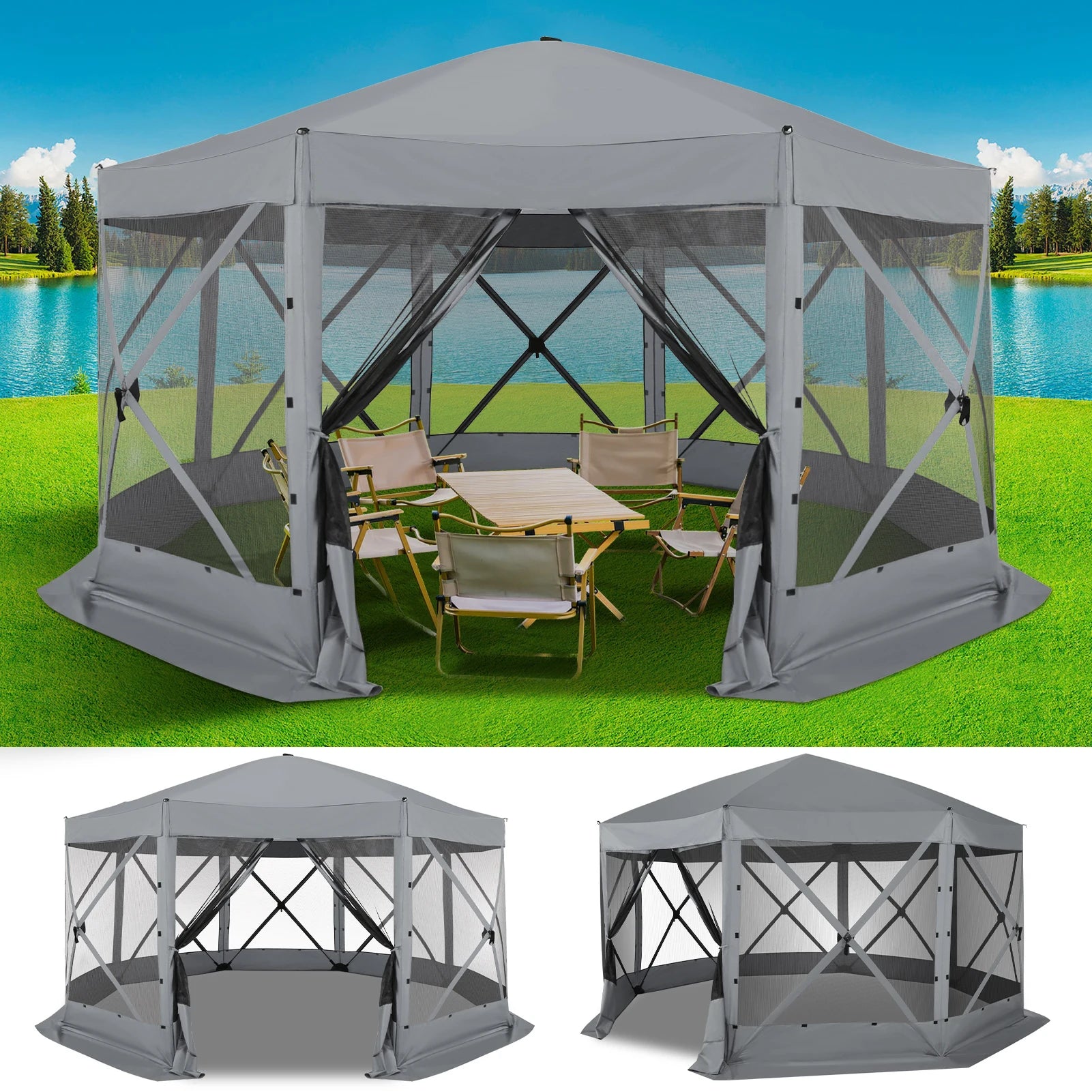 15x15ft Outdoor Tent Extra Large Pop-Up Gazebo Canopy Tent With Mosquito Netting Screened Shelter Pavilion With Ground Stakes