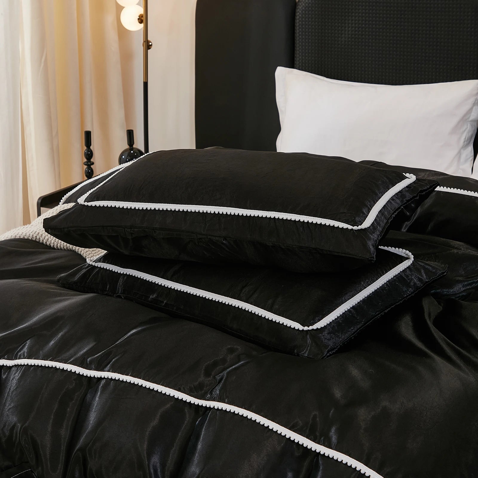 3PCS Satin Duvet Cover Set Silk White Black And Pink Bedding Comforter Cover Silky Luxury Silky Bed set Soft for All season