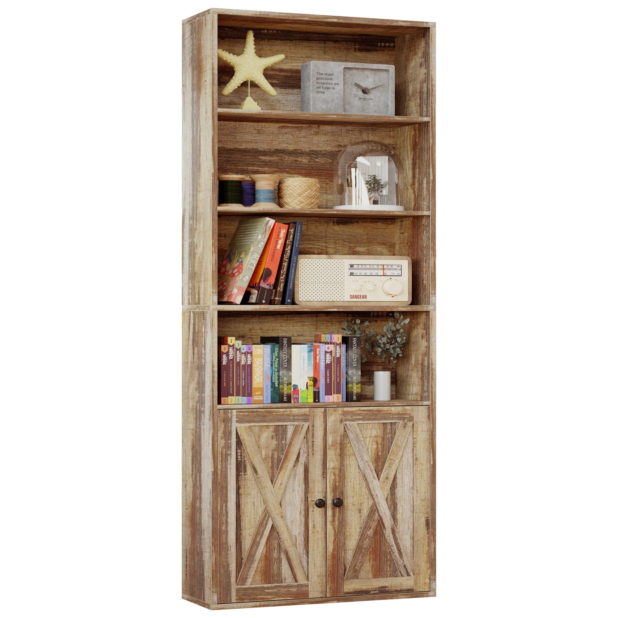 Industrial 6-Shelf Bookcase with Doors – 70″ Floor-Standing Storage & Display Bookshelf