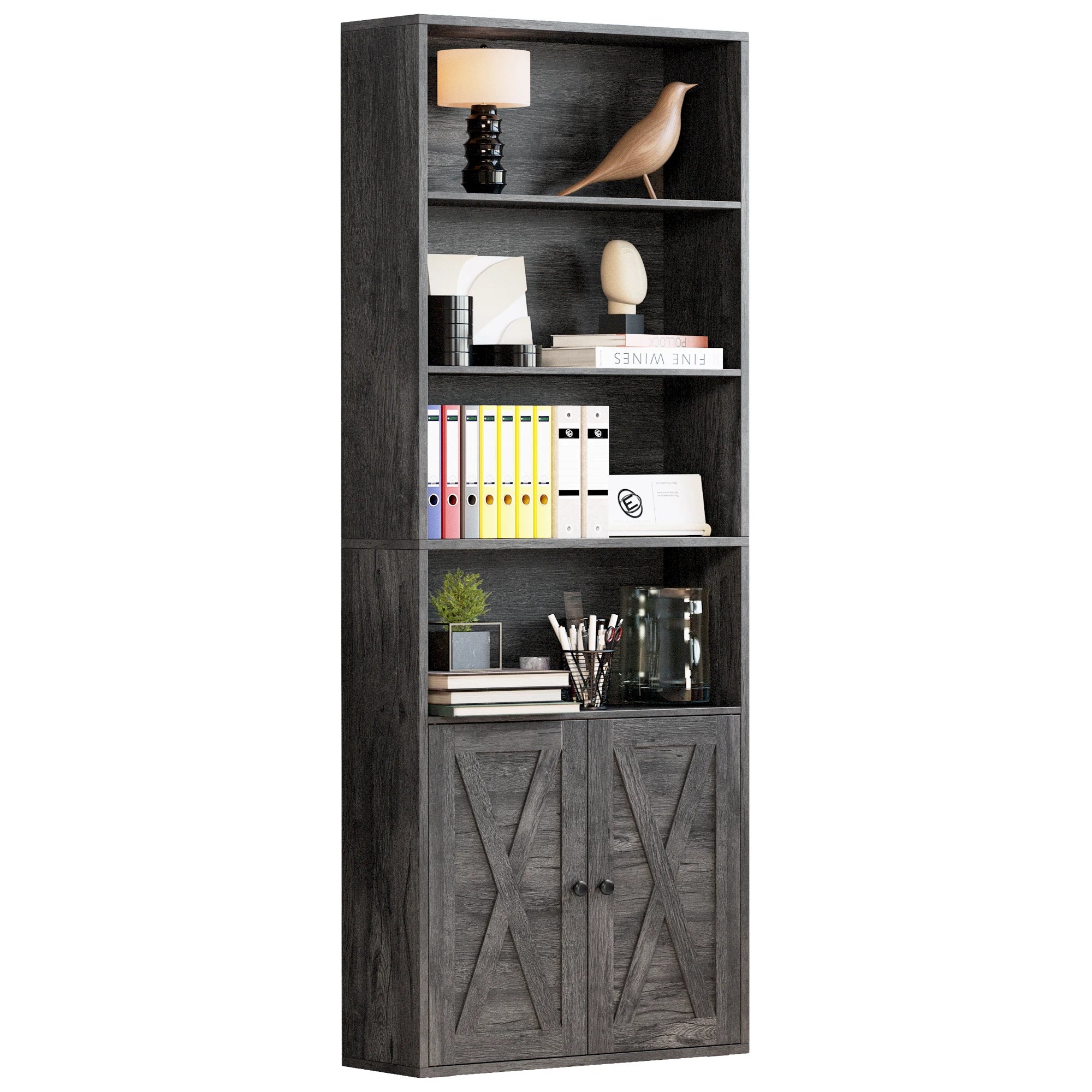 Industrial 6-Shelf Bookcase with Doors – 70″ Floor-Standing Storage & Display Bookshelf