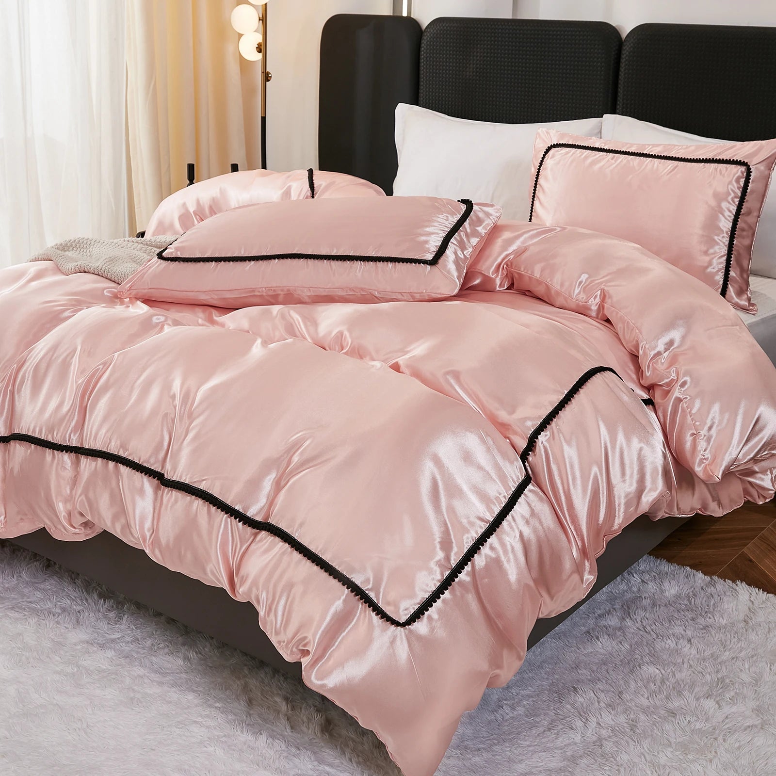 3PCS Satin Duvet Cover Set Silk White Black And Pink Bedding Comforter Cover Silky Luxury Silky Bed set Soft for All season