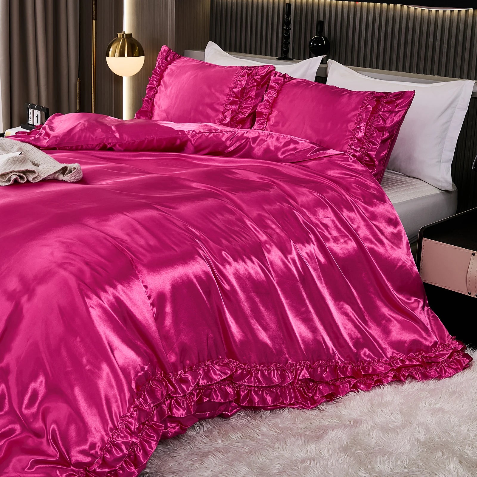 3PCS Satin Duvet Cover Set Silk White Khaki And Pink Bedding Comforter Cover Silky Ruffle Pattern Luxury Silky Bed set Soft