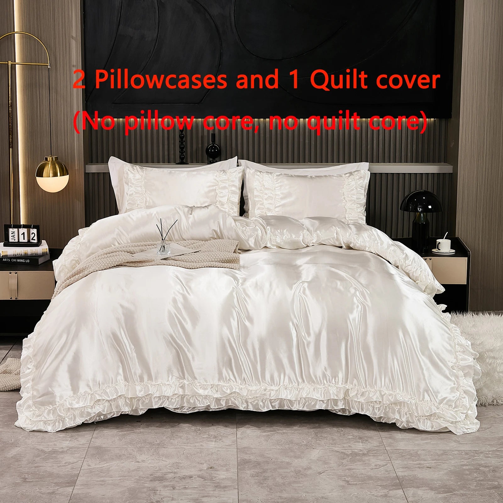 3PCS Satin Duvet Cover Set Silk White Khaki And Pink Bedding Comforter Cover Silky Ruffle Pattern Luxury Silky Bed set Soft