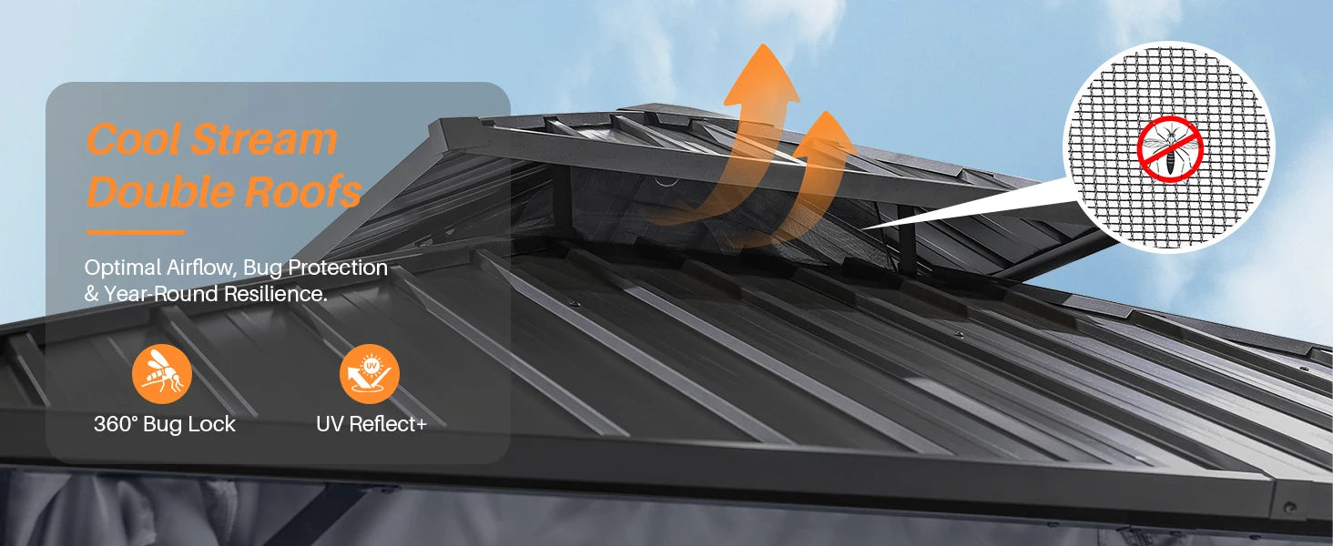 12' x 16' Outdoor Hardtop Gazebo with Aluminum Frame, Double Steel Roof Patio Pergola with Netting and Curtains