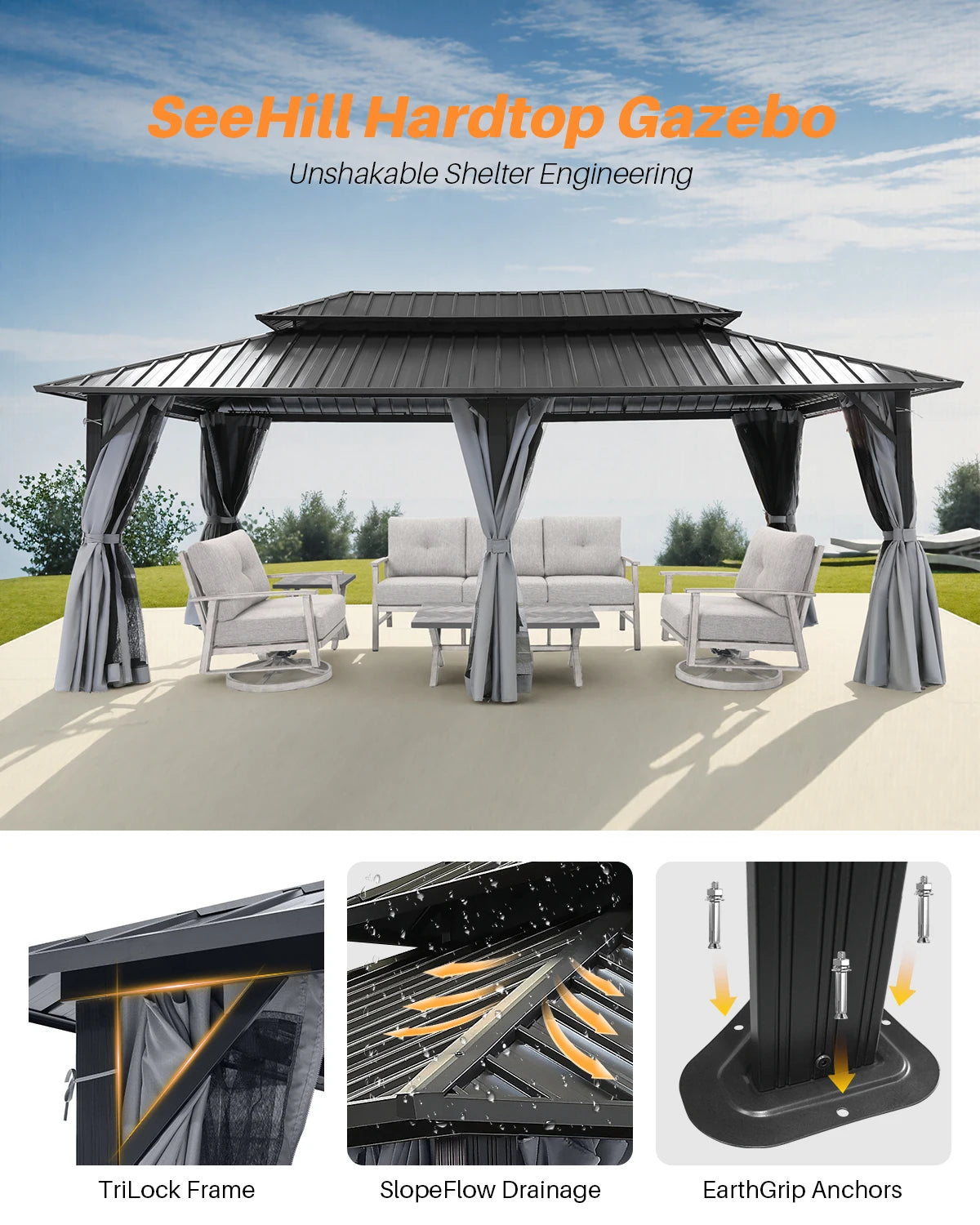 12' x 20' Large Aluminum Hardtop Gazebo, Outdoor Patio Pergola with Double Steel Roofs, Netting and Side Curtains