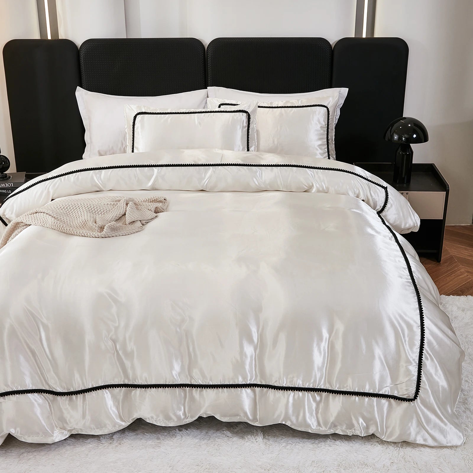 3PCS Satin Duvet Cover Set Silk White Black And Pink Bedding Comforter Cover Silky Luxury Silky Bed set Soft for All season