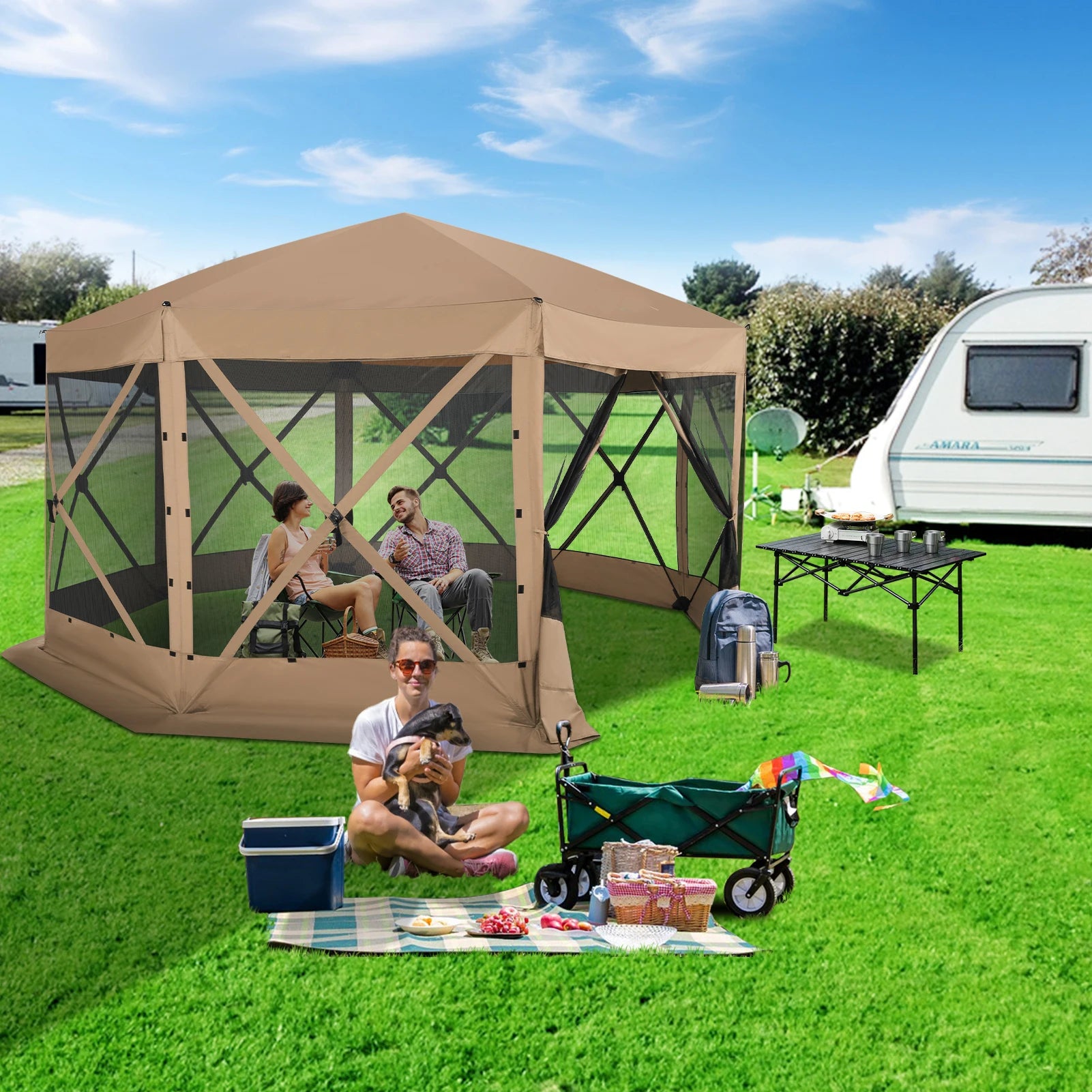 15x15ft Outdoor Tent Extra Large Pop-Up Gazebo Canopy Tent With Mosquito Netting Screened Shelter Pavilion With Ground Stakes