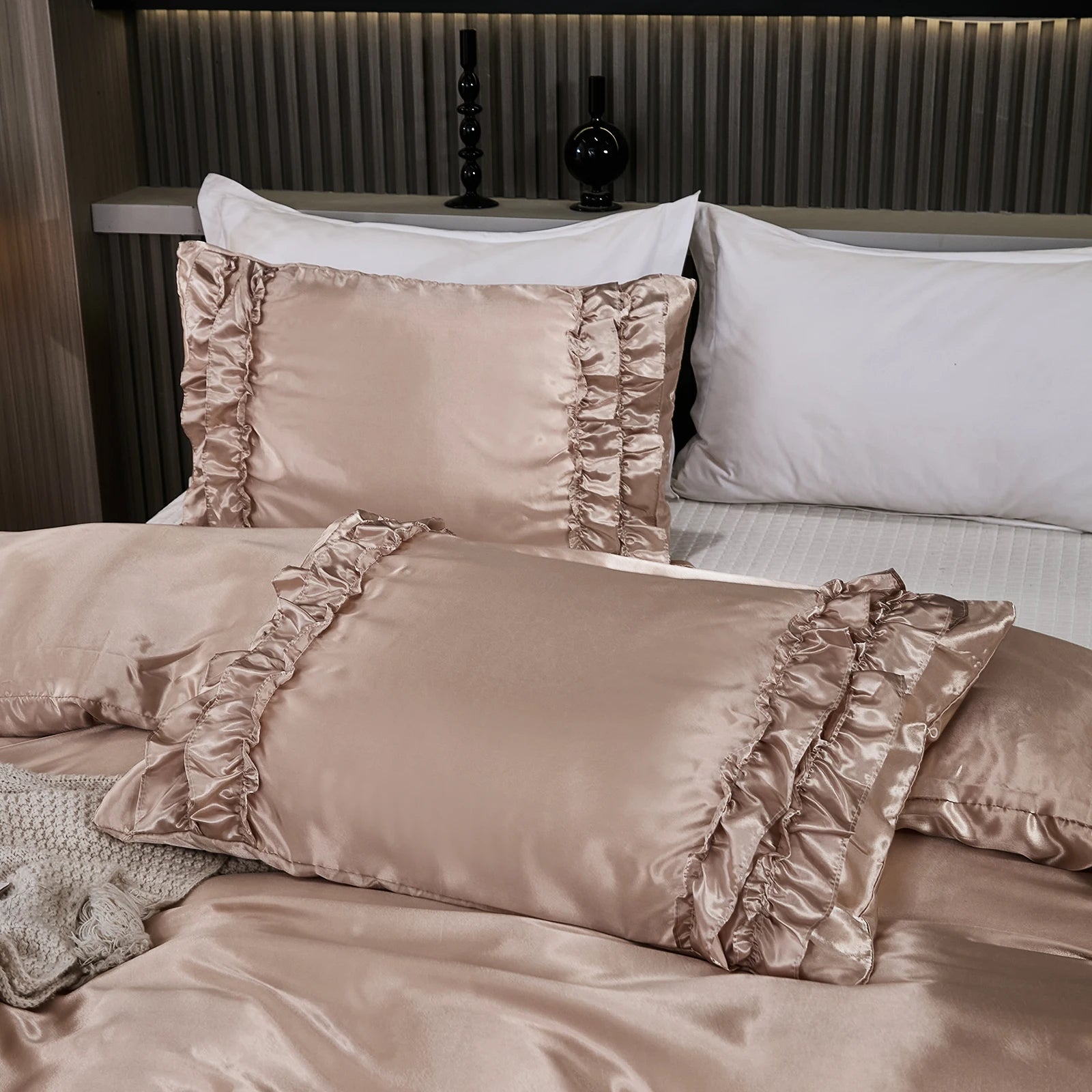 3PCS Satin Duvet Cover Set Silk White Khaki And Pink Bedding Comforter Cover Silky Ruffle Pattern Luxury Silky Bed set Soft