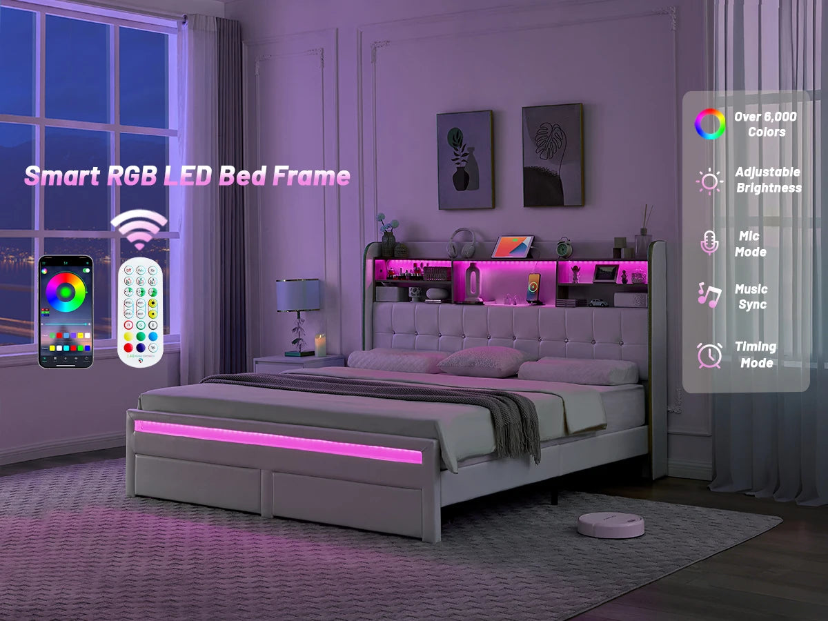 LED Upholstered Platform Bed Frame with Storage Drawers & Bookcase Headboard – Charging Station