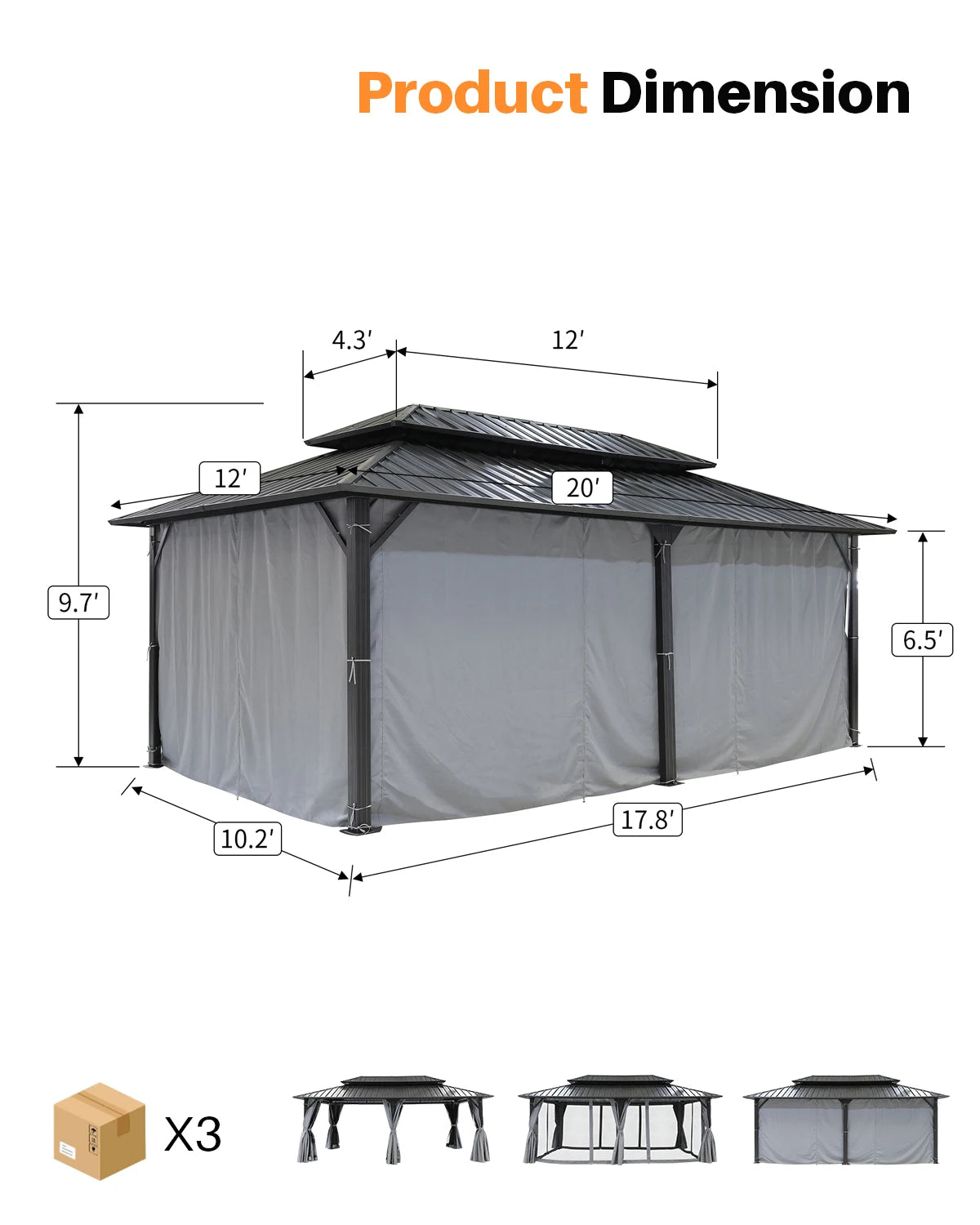 12' x 20' Large Aluminum Hardtop Gazebo, Outdoor Patio Pergola with Double Steel Roofs, Netting and Side Curtains
