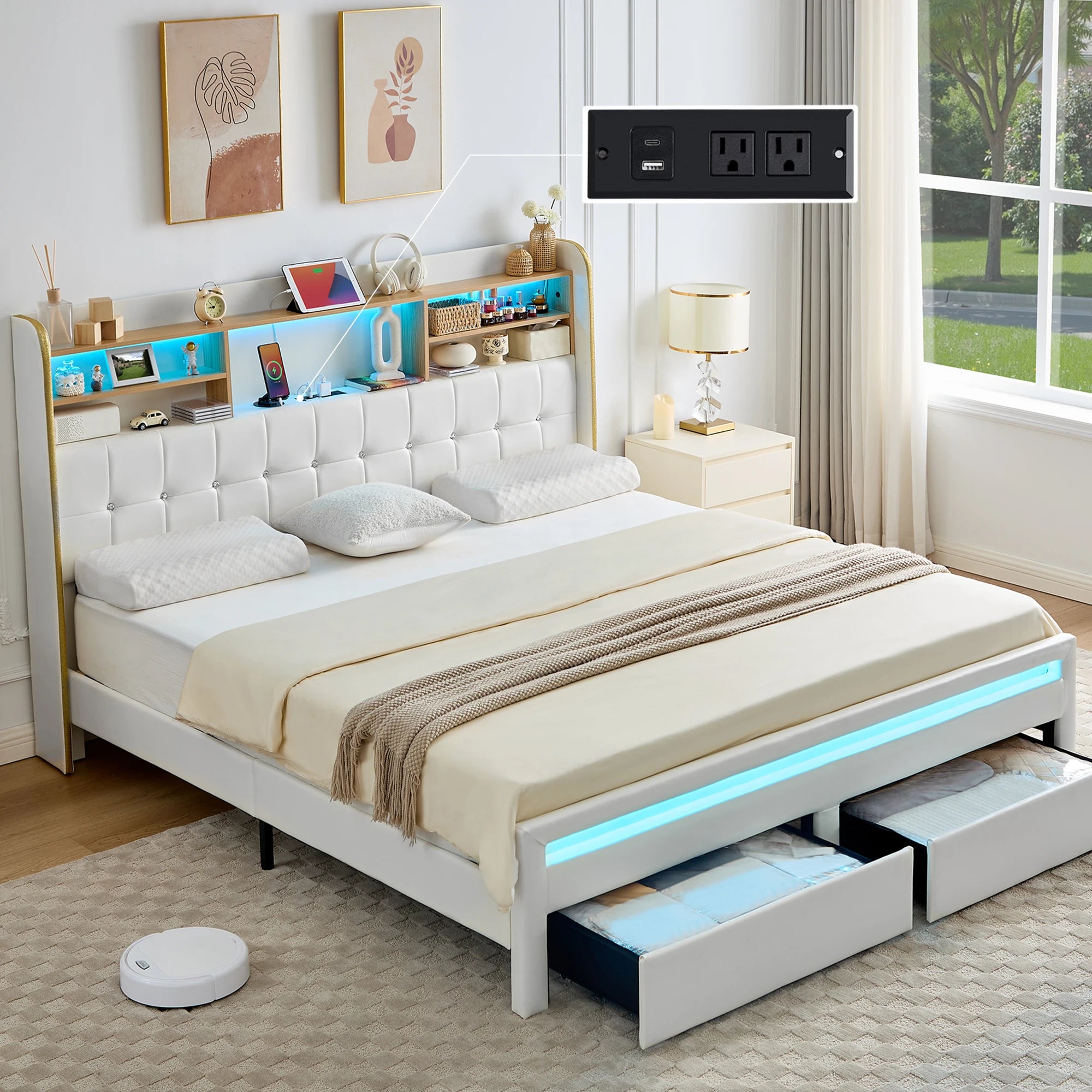 LED Upholstered Platform Bed Frame with Storage Drawers & Bookcase Headboard – Charging Station