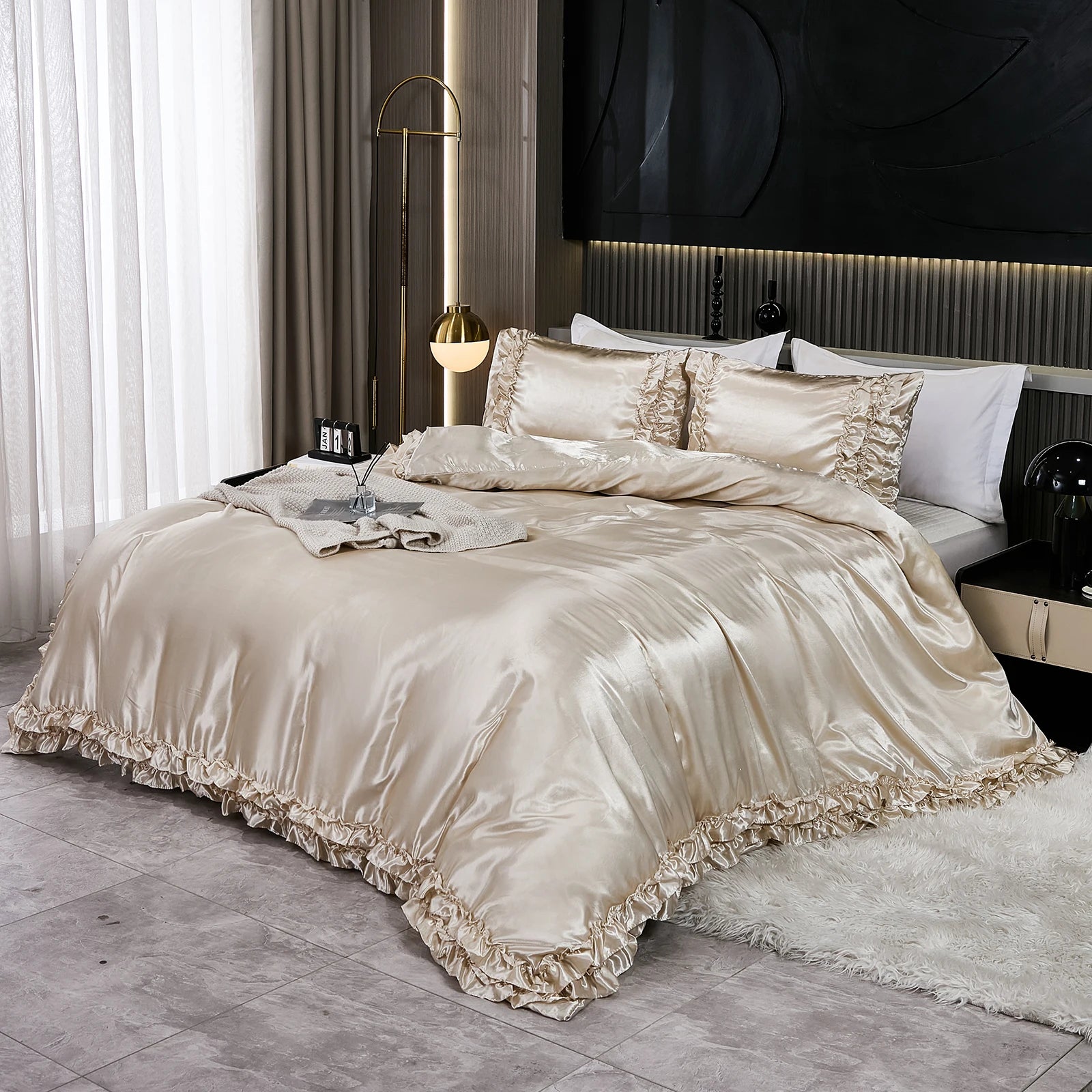 3PCS Satin Duvet Cover Set Silk White Khaki And Pink Bedding Comforter Cover Silky Ruffle Pattern Luxury Silky Bed set Soft