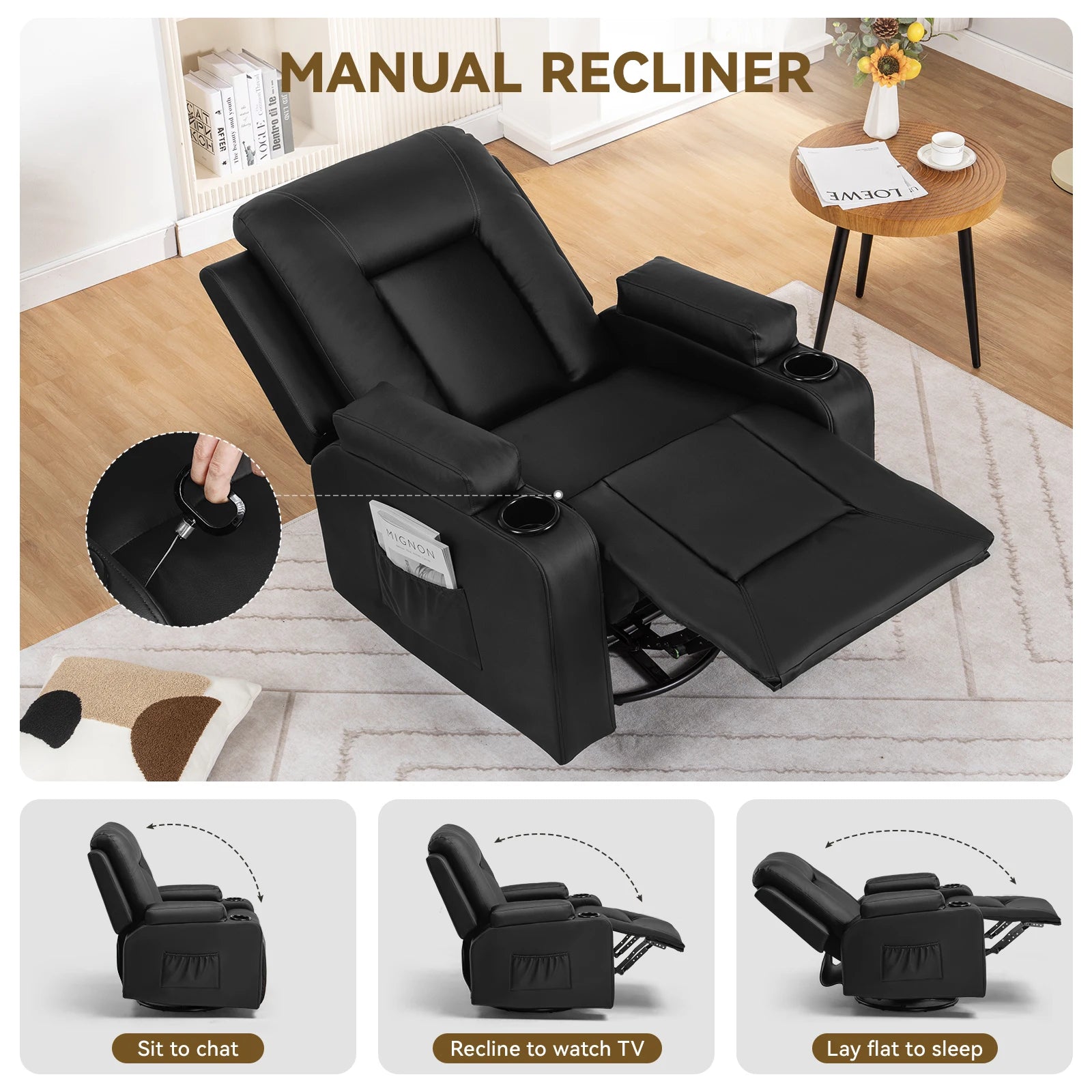 Recliner Chair, Pu Rocking Chair for Adults, Swivel Recliner with Cup Holders, Heat and Massage